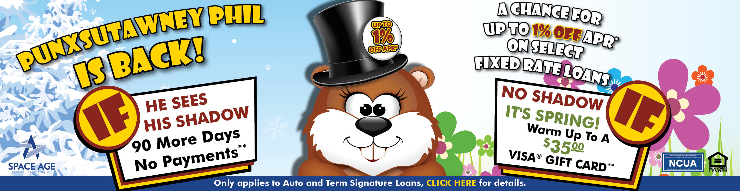 Punxsutawney Phil Decides! A chance for up to 1% off APR* on select fixed rate loans and...he didn't see his shadow! It's Spring so 'Phil' it up with a $35 gas card. Only applies to auto and term signature loans. More details.