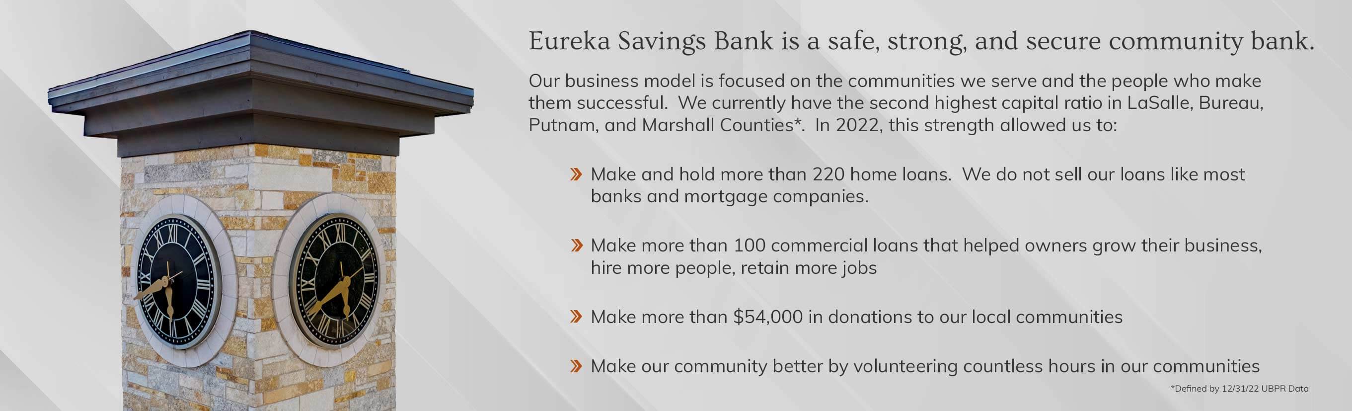 Eureka Savings Bank is a safe, strong and secure community bank. Our business model is focused on the communities we serve and the people who make them successful. 