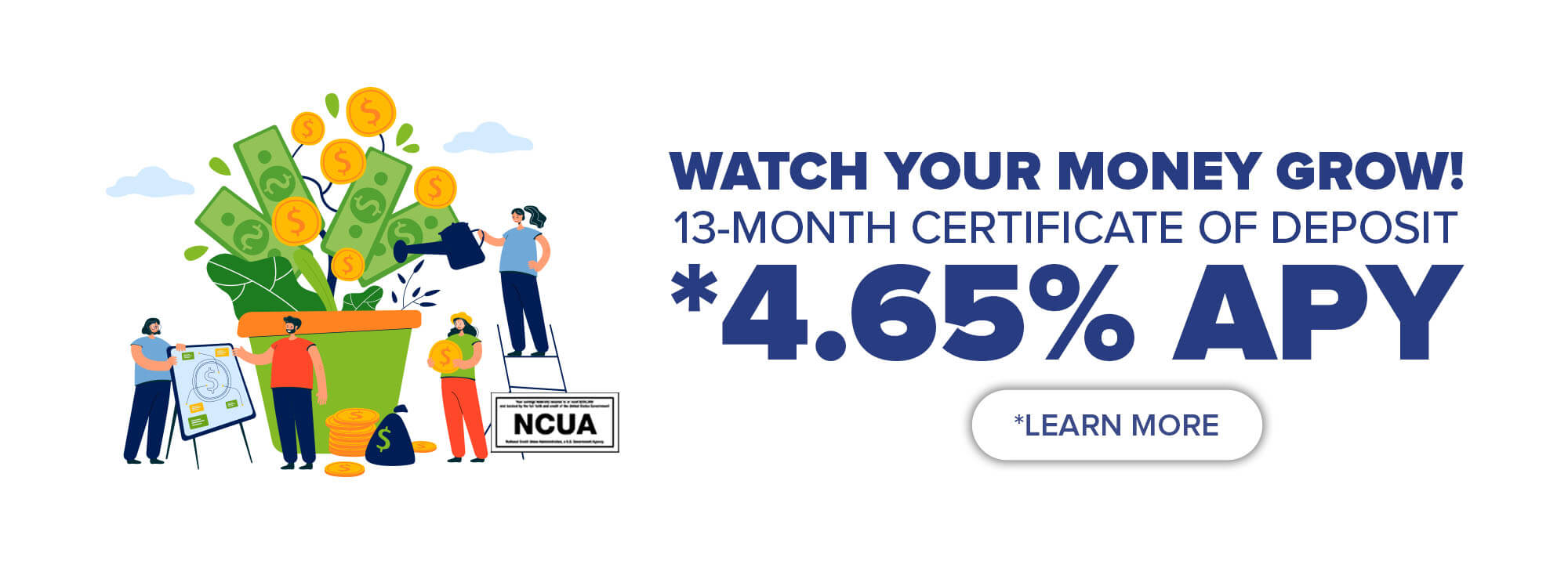 Watch your money grow! 13-month certificate of deposit. *4.65% APY. *Learn More
