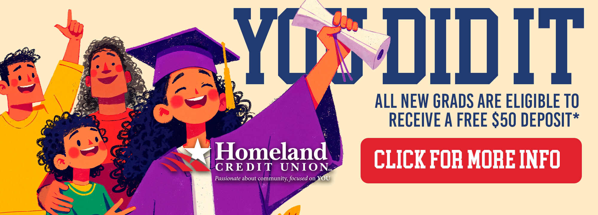 All new grads are eligibly to receive a free $50 deposit* you did it. *Click for more info