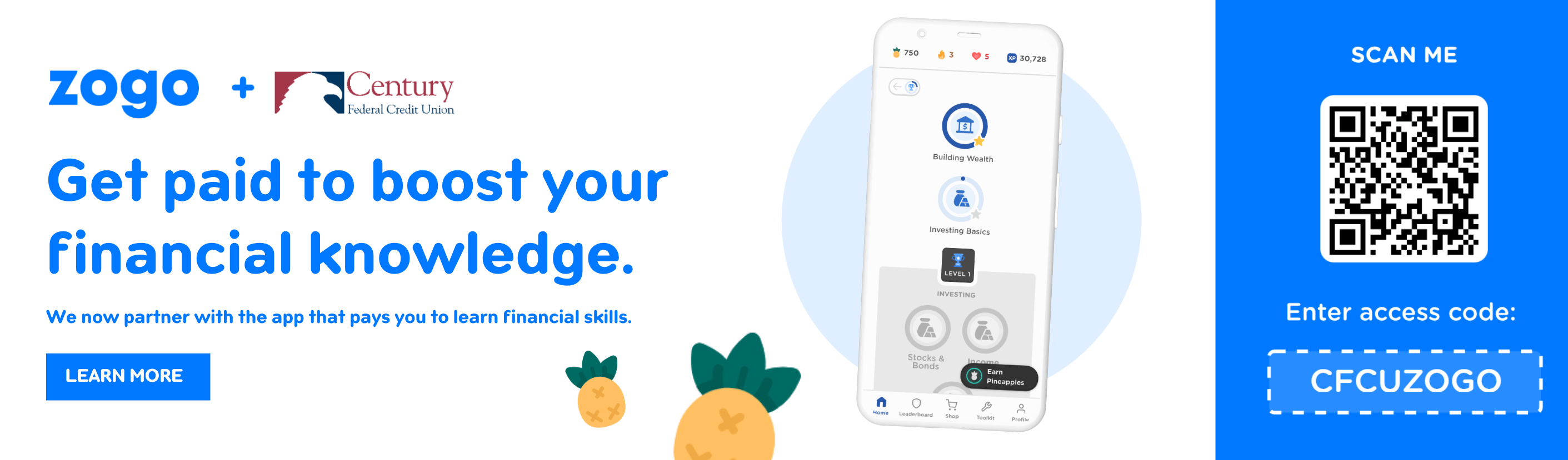 Zogo + CFCU. Get paid to boost your financial knowledge. We now partner with the app that pays you to learn financial skills. Learn more.