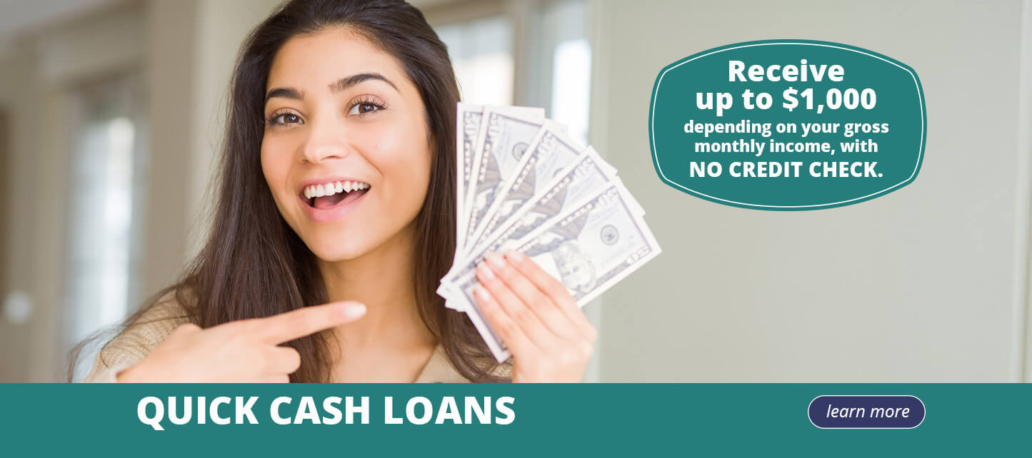 Receive up to $1,000 depending on your gross monthly income, with NO CREDIT CHECK. Quick Cash Loans. Learn more.