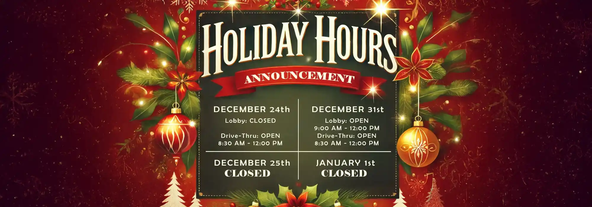 Our holiday hours have been updated for all branches to ensure you can plan your visits with ease:  December 24th the is lobby closed and the drive-thru  will be  open 8:30 AM - 12:00 PM. December 25th the lobby & drive-thru will be both be closed.  December 31st the lobby will be open 9:00 AM - 12:00 PM and the drive-thru  will be open 8:30 AM - 12:00 PM.  January 1st the lobby & drive-thru will both be closed.