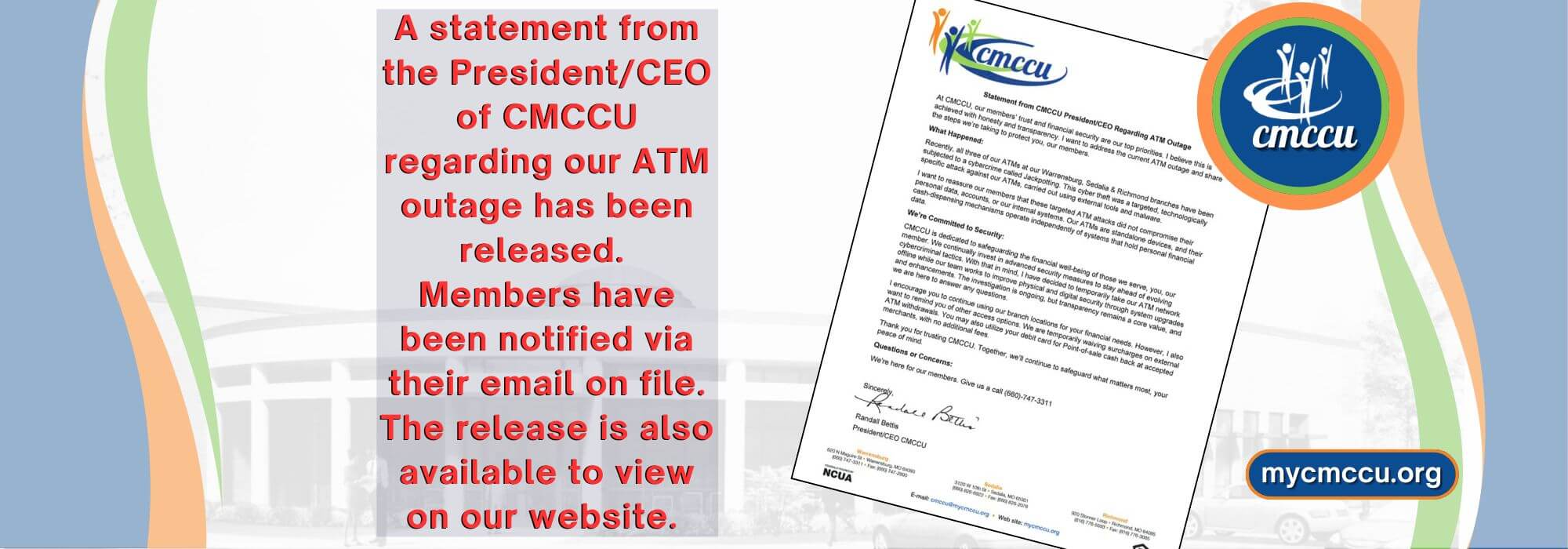 Statement from CMCCU President/CEO Regarding ATM Outage