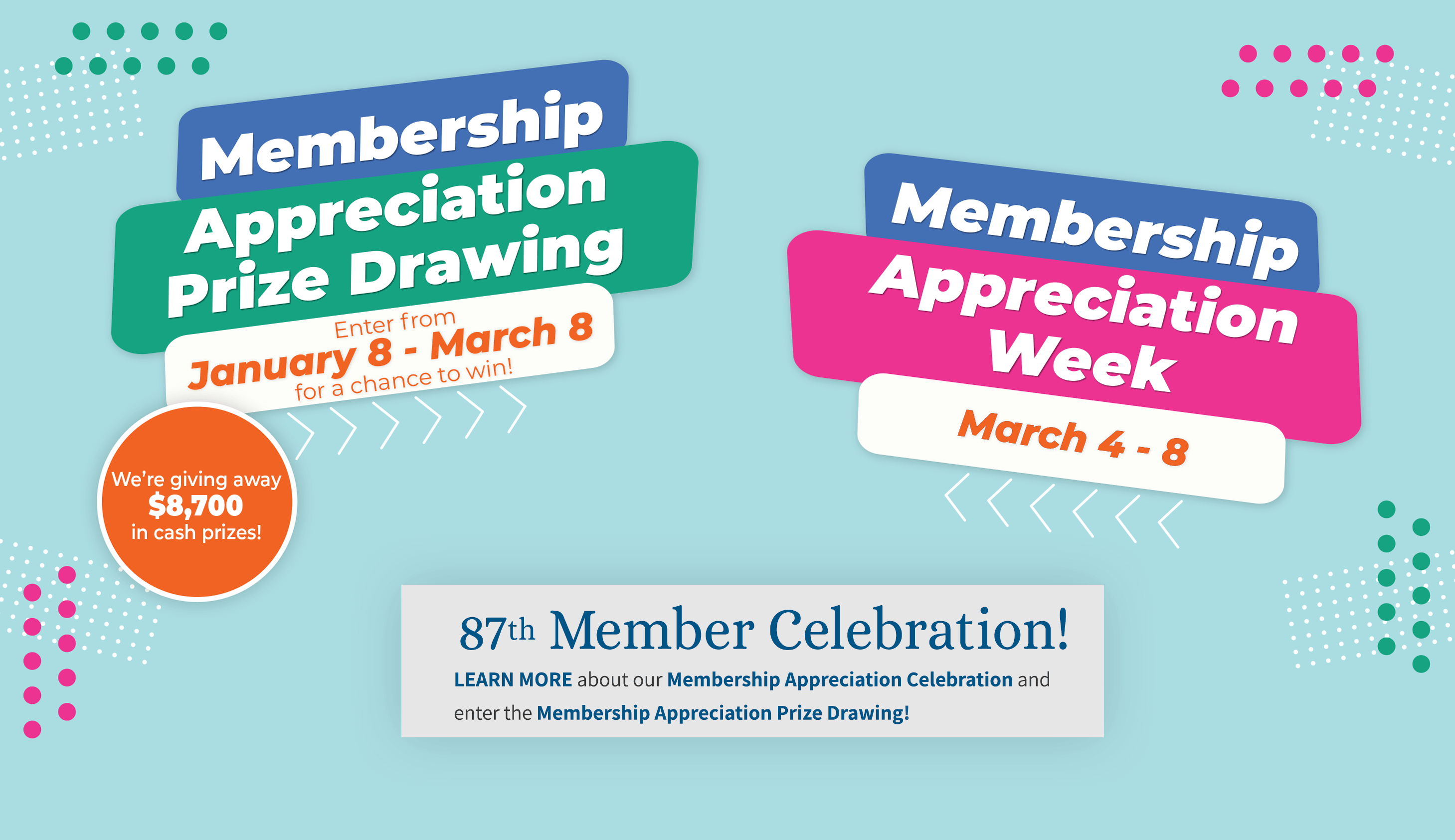 Membership appreciation prize drawing. Enter from January 8 to March 8 for a chance to win. We're giving away $8,700 in cash prizes. Membership Appreciation Week March 4 - 8
