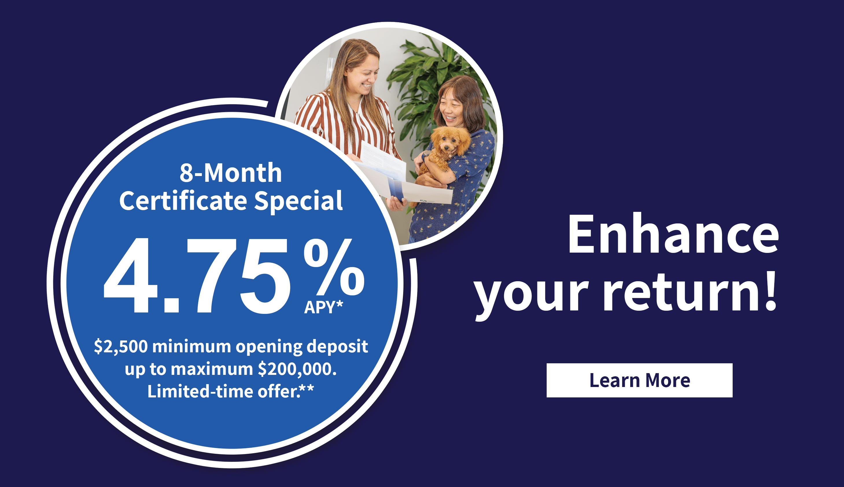 Enhance your return! 8-Month Certificate Special 4.75% APY*. $2,500 minimum opening deposit up to maximum $200,000. Limited-time offer**