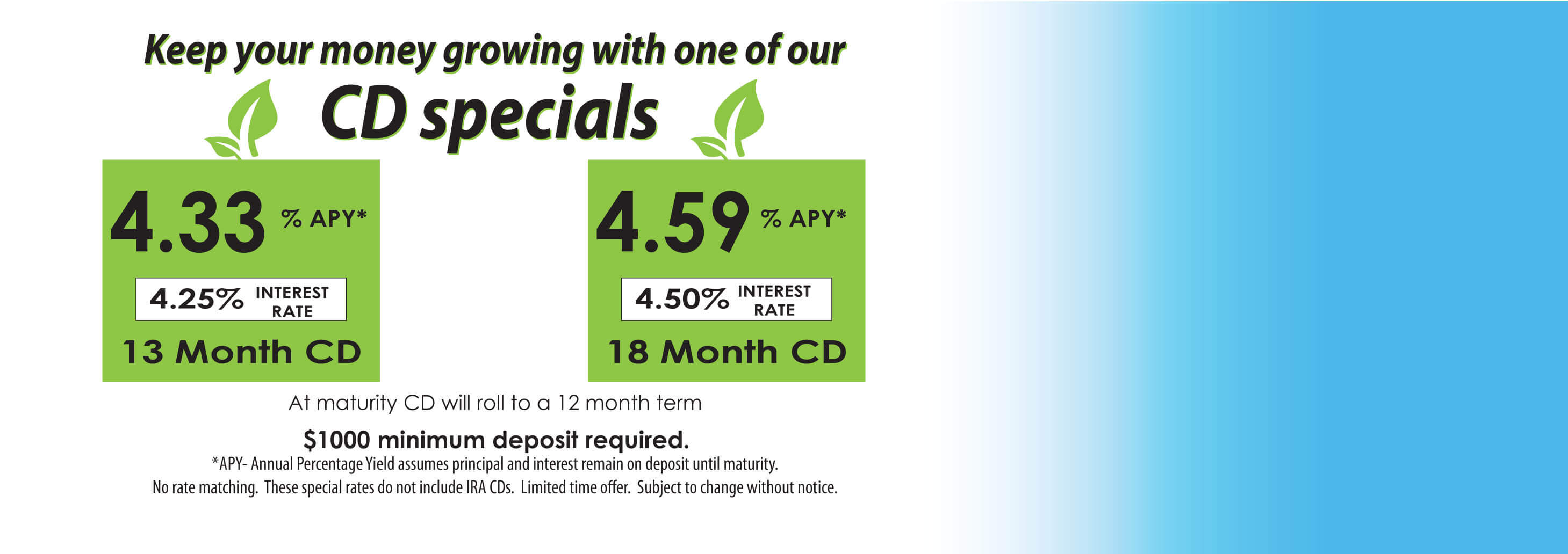Keep your money growing with one of our CD specials 4.00% apy* 3.93% interest reate 12 month cd 4.25% apy* 4.17% interest rate 18 month cd at maturity cd will roll to a 12 month ter, $1000 minimum deposit required. @apy-annual percentage yield assumes principal and interest remain on deposit until maturity. No rate matching. These specials rates do not include IRA CDs. Limited time offer. Subject to change without notice.