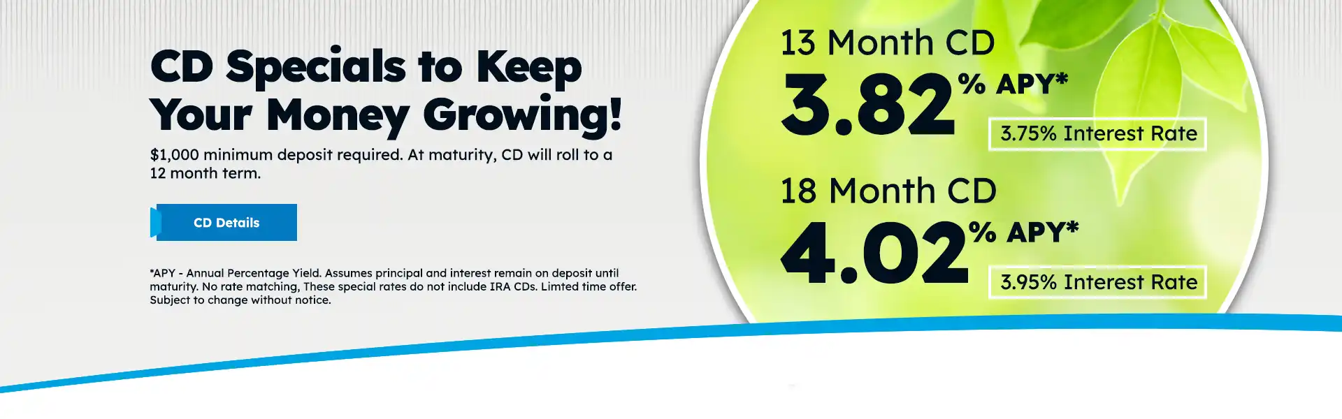 CD Specials to Keep Your Money Growing! $1,000 minimum deposit required. At maturity, CD will roll to a 12 month term. CD Details *APY - Annual Percentage Yield. Assumes principal and interest remain on deposit until maturity. No rate matching, These special rates do not include IRA CDs. Limted time offer. Subject to change without notice. 13 Month CD % APY* 3.82% 18 Month CD 4.02 3.75% Interest Rate % APY* 3.95% Interest Rate