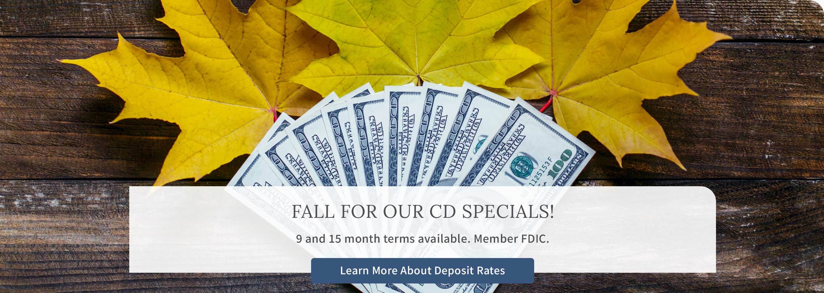 FALL FOR OUR CD SPECIALS! 9 and 15 month terms available. Member FDIC. Learn More About Deposit Rates