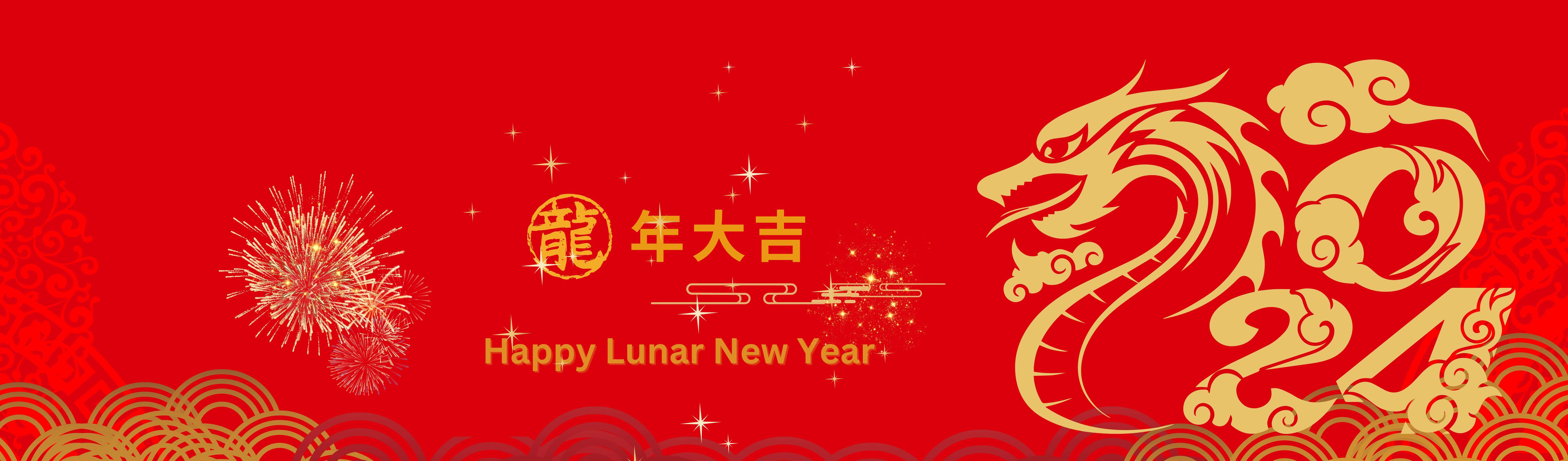 Lunar New Year Banner displaying a dragon and fireworks