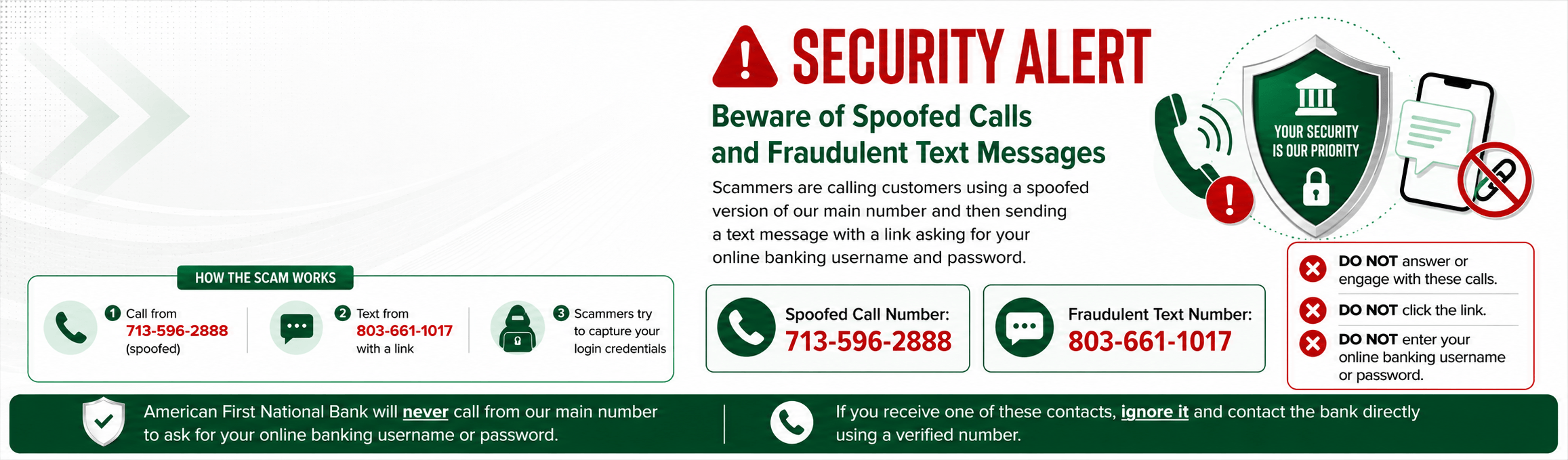 Security Alert: Beware of spoofed calls and fraudulent text messages. Scammers are calling customers from 713-596-2888, a spoofed version of the bankÃƒÆ’Ã†â€™Ãƒâ€ Ã¢â‚¬â„¢ÃƒÆ’Ã¢â‚¬Â ÃƒÂ¢Ã¢â€šÂ¬Ã¢â€žÂ¢ÃƒÆ’Ã†â€™ÃƒÂ¢Ã¢â€šÂ¬Ã‚Â ÃƒÆ’Ã‚Â¢ÃƒÂ¢Ã¢â‚¬Å¡Ã‚Â¬ÃƒÂ¢Ã¢â‚¬Å¾Ã‚Â¢ÃƒÆ’Ã†â€™Ãƒâ€ Ã¢â‚¬â„¢ÃƒÆ’Ã‚Â¢ÃƒÂ¢Ã¢â‚¬Å¡Ã‚Â¬Ãƒâ€šÃ‚Â ÃƒÆ’Ã†â€™Ãƒâ€šÃ‚Â¢ÃƒÆ’Ã‚Â¢ÃƒÂ¢Ã¢â€šÂ¬Ã…Â¡Ãƒâ€šÃ‚Â¬ÃƒÆ’Ã‚Â¢ÃƒÂ¢Ã¢â€šÂ¬Ã…Â¾Ãƒâ€šÃ‚Â¢ÃƒÆ’Ã†â€™Ãƒâ€ Ã¢â‚¬â„¢ÃƒÆ’Ã¢â‚¬Â ÃƒÂ¢Ã¢â€šÂ¬Ã¢â€žÂ¢ÃƒÆ’Ã†â€™Ãƒâ€šÃ‚Â¢ÃƒÆ’Ã‚Â¢ÃƒÂ¢Ã¢â€šÂ¬Ã…Â¡Ãƒâ€šÃ‚Â¬ÃƒÆ’Ã¢â‚¬Å¡Ãƒâ€šÃ‚Â ÃƒÆ’Ã†â€™Ãƒâ€ Ã¢â‚¬â„¢ÃƒÆ’Ã¢â‚¬Å¡Ãƒâ€šÃ‚Â¢ÃƒÆ’Ã†â€™Ãƒâ€šÃ‚Â¢ÃƒÆ’Ã‚Â¢ÃƒÂ¢Ã¢â‚¬Å¡Ã‚Â¬Ãƒâ€¦Ã‚Â¡ÃƒÆ’Ã¢â‚¬Å¡Ãƒâ€šÃ‚Â¬ÃƒÆ’Ã†â€™Ãƒâ€šÃ‚Â¢ÃƒÆ’Ã‚Â¢ÃƒÂ¢Ã¢â‚¬Å¡Ã‚Â¬Ãƒâ€¦Ã‚Â¾ÃƒÆ’Ã¢â‚¬Å¡Ãƒâ€šÃ‚Â¢ÃƒÆ’Ã†â€™Ãƒâ€ Ã¢â‚¬â„¢ÃƒÆ’Ã¢â‚¬Â ÃƒÂ¢Ã¢â€šÂ¬Ã¢â€žÂ¢ÃƒÆ’Ã†â€™ÃƒÂ¢Ã¢â€šÂ¬Ã‚Â ÃƒÆ’Ã‚Â¢ÃƒÂ¢Ã¢â‚¬Å¡Ã‚Â¬ÃƒÂ¢Ã¢â‚¬Å¾Ã‚Â¢ÃƒÆ’Ã†â€™Ãƒâ€ Ã¢â‚¬â„¢ÃƒÆ’Ã¢â‚¬Å¡Ãƒâ€šÃ‚Â¢ÃƒÆ’Ã†â€™Ãƒâ€šÃ‚Â¢ÃƒÆ’Ã‚Â¢ÃƒÂ¢Ã¢â‚¬Å¡Ã‚Â¬Ãƒâ€¦Ã‚Â¡ÃƒÆ’Ã¢â‚¬Å¡Ãƒâ€šÃ‚Â¬ÃƒÆ’Ã†â€™ÃƒÂ¢Ã¢â€šÂ¬Ã…Â¡ÃƒÆ’Ã¢â‚¬Å¡Ãƒâ€šÃ‚Â ÃƒÆ’Ã†â€™Ãƒâ€ Ã¢â‚¬â„¢ÃƒÆ’Ã¢â‚¬Â ÃƒÂ¢Ã¢â€šÂ¬Ã¢â€žÂ¢ÃƒÆ’Ã†â€™ÃƒÂ¢Ã¢â€šÂ¬Ã…Â¡ÃƒÆ’Ã¢â‚¬Å¡Ãƒâ€šÃ‚Â¢ÃƒÆ’Ã†â€™Ãƒâ€ Ã¢â‚¬â„¢ÃƒÆ’Ã¢â‚¬Å¡Ãƒâ€šÃ‚Â¢ÃƒÆ’Ã†â€™Ãƒâ€šÃ‚Â¢ÃƒÆ’Ã‚Â¢ÃƒÂ¢Ã¢â€šÂ¬Ã…Â¡Ãƒâ€šÃ‚Â¬ÃƒÆ’Ã¢â‚¬Â¦Ãƒâ€šÃ‚Â¡ÃƒÆ’Ã†â€™ÃƒÂ¢Ã¢â€šÂ¬Ã…Â¡ÃƒÆ’Ã¢â‚¬Å¡Ãƒâ€šÃ‚Â¬ÃƒÆ’Ã†â€™Ãƒâ€ Ã¢â‚¬â„¢ÃƒÆ’Ã¢â‚¬Å¡Ãƒâ€šÃ‚Â¢ÃƒÆ’Ã†â€™Ãƒâ€šÃ‚Â¢ÃƒÆ’Ã‚Â¢ÃƒÂ¢Ã¢â€šÂ¬Ã…Â¡Ãƒâ€šÃ‚Â¬ÃƒÆ’Ã¢â‚¬Â¦Ãƒâ€šÃ‚Â¾ÃƒÆ’Ã†â€™ÃƒÂ¢Ã¢â€šÂ¬Ã…Â¡ÃƒÆ’Ã¢â‚¬Å¡Ãƒâ€šÃ‚Â¢ÃƒÆ’Ã†â€™Ãƒâ€ Ã¢â‚¬â„¢ÃƒÆ’Ã¢â‚¬Â ÃƒÂ¢Ã¢â€šÂ¬Ã¢â€žÂ¢ÃƒÆ’Ã†â€™ÃƒÂ¢Ã¢â€šÂ¬Ã‚Â ÃƒÆ’Ã‚Â¢ÃƒÂ¢Ã¢â‚¬Å¡Ã‚Â¬ÃƒÂ¢Ã¢â‚¬Å¾Ã‚Â¢ÃƒÆ’Ã†â€™Ãƒâ€ Ã¢â‚¬â„¢ÃƒÆ’Ã‚Â¢ÃƒÂ¢Ã¢â‚¬Å¡Ã‚Â¬Ãƒâ€šÃ‚Â ÃƒÆ’Ã†â€™Ãƒâ€šÃ‚Â¢ÃƒÆ’Ã‚Â¢ÃƒÂ¢Ã¢â€šÂ¬Ã…Â¡Ãƒâ€šÃ‚Â¬ÃƒÆ’Ã‚Â¢ÃƒÂ¢Ã¢â€šÂ¬Ã…Â¾Ãƒâ€šÃ‚Â¢ÃƒÆ’Ã†â€™Ãƒâ€ Ã¢â‚¬â„¢ÃƒÆ’Ã¢â‚¬Â ÃƒÂ¢Ã¢â€šÂ¬Ã¢â€žÂ¢ÃƒÆ’Ã†â€™ÃƒÂ¢Ã¢â€šÂ¬Ã…Â¡ÃƒÆ’Ã¢â‚¬Å¡Ãƒâ€šÃ‚Â¢ÃƒÆ’Ã†â€™Ãƒâ€ Ã¢â‚¬â„¢ÃƒÆ’Ã¢â‚¬Å¡Ãƒâ€šÃ‚Â¢ÃƒÆ’Ã†â€™Ãƒâ€šÃ‚Â¢ÃƒÆ’Ã‚Â¢ÃƒÂ¢Ã¢â€šÂ¬Ã…Â¡Ãƒâ€šÃ‚Â¬ÃƒÆ’Ã¢â‚¬Â¦Ãƒâ€šÃ‚Â¡ÃƒÆ’Ã†â€™ÃƒÂ¢Ã¢â€šÂ¬Ã…Â¡ÃƒÆ’Ã¢â‚¬Å¡Ãƒâ€šÃ‚Â¬ÃƒÆ’Ã†â€™Ãƒâ€ Ã¢â‚¬â„¢ÃƒÆ’Ã‚Â¢ÃƒÂ¢Ã¢â‚¬Å¡Ã‚Â¬Ãƒâ€¦Ã‚Â¡ÃƒÆ’Ã†â€™ÃƒÂ¢Ã¢â€šÂ¬Ã…Â¡ÃƒÆ’Ã¢â‚¬Å¡Ãƒâ€šÃ‚Â ÃƒÆ’Ã†â€™Ãƒâ€ Ã¢â‚¬â„¢ÃƒÆ’Ã¢â‚¬Â ÃƒÂ¢Ã¢â€šÂ¬Ã¢â€žÂ¢ÃƒÆ’Ã†â€™ÃƒÂ¢Ã¢â€šÂ¬Ã‚Â ÃƒÆ’Ã‚Â¢ÃƒÂ¢Ã¢â‚¬Å¡Ã‚Â¬ÃƒÂ¢Ã¢â‚¬Å¾Ã‚Â¢ÃƒÆ’Ã†â€™Ãƒâ€ Ã¢â‚¬â„¢ÃƒÆ’Ã‚Â¢ÃƒÂ¢Ã¢â‚¬Å¡Ã‚Â¬Ãƒâ€¦Ã‚Â¡ÃƒÆ’Ã†â€™ÃƒÂ¢Ã¢â€šÂ¬Ã…Â¡ÃƒÆ’Ã¢â‚¬Å¡Ãƒâ€šÃ‚Â¢ÃƒÆ’Ã†â€™Ãƒâ€ Ã¢â‚¬â„¢ÃƒÆ’Ã¢â‚¬Â ÃƒÂ¢Ã¢â€šÂ¬Ã¢â€žÂ¢ÃƒÆ’Ã†â€™ÃƒÂ¢Ã¢â€šÂ¬Ã…Â¡ÃƒÆ’Ã¢â‚¬Å¡Ãƒâ€šÃ‚Â¢ÃƒÆ’Ã†â€™Ãƒâ€ Ã¢â‚¬â„¢ÃƒÆ’Ã¢â‚¬Å¡Ãƒâ€šÃ‚Â¢ÃƒÆ’Ã†â€™Ãƒâ€šÃ‚Â¢ÃƒÆ’Ã‚Â¢ÃƒÂ¢Ã¢â‚¬Å¡Ã‚Â¬Ãƒâ€¦Ã‚Â¡ÃƒÆ’Ã¢â‚¬Å¡Ãƒâ€šÃ‚Â¬ÃƒÆ’Ã†â€™ÃƒÂ¢Ã¢â€šÂ¬Ã‚Â¦ÃƒÆ’Ã¢â‚¬Å¡Ãƒâ€šÃ‚Â¡ÃƒÆ’Ã†â€™Ãƒâ€ Ã¢â‚¬â„¢ÃƒÆ’Ã‚Â¢ÃƒÂ¢Ã¢â‚¬Å¡Ã‚Â¬Ãƒâ€¦Ã‚Â¡ÃƒÆ’Ã†â€™ÃƒÂ¢Ã¢â€šÂ¬Ã…Â¡ÃƒÆ’Ã¢â‚¬Å¡Ãƒâ€šÃ‚Â¬ÃƒÆ’Ã†â€™Ãƒâ€ Ã¢â‚¬â„¢ÃƒÆ’Ã¢â‚¬Â ÃƒÂ¢Ã¢â€šÂ¬Ã¢â€žÂ¢ÃƒÆ’Ã†â€™ÃƒÂ¢Ã¢â€šÂ¬Ã…Â¡ÃƒÆ’Ã¢â‚¬Å¡Ãƒâ€šÃ‚Â¢ÃƒÆ’Ã†â€™Ãƒâ€ Ã¢â‚¬â„¢ÃƒÆ’Ã¢â‚¬Å¡Ãƒâ€šÃ‚Â¢ÃƒÆ’Ã†â€™Ãƒâ€šÃ‚Â¢ÃƒÆ’Ã‚Â¢ÃƒÂ¢Ã¢â‚¬Å¡Ã‚Â¬Ãƒâ€¦Ã‚Â¡ÃƒÆ’Ã¢â‚¬Å¡Ãƒâ€šÃ‚Â¬ÃƒÆ’Ã†â€™ÃƒÂ¢Ã¢â€šÂ¬Ã‚Â¦ÃƒÆ’Ã¢â‚¬Å¡Ãƒâ€šÃ‚Â¾ÃƒÆ’Ã†â€™Ãƒâ€ Ã¢â‚¬â„¢ÃƒÆ’Ã‚Â¢ÃƒÂ¢Ã¢â‚¬Å¡Ã‚Â¬Ãƒâ€¦Ã‚Â¡ÃƒÆ’Ã†â€™ÃƒÂ¢Ã¢â€šÂ¬Ã…Â¡ÃƒÆ’Ã¢â‚¬Å¡Ãƒâ€šÃ‚Â¢ÃƒÆ’Ã†â€™Ãƒâ€ Ã¢â‚¬â„¢ÃƒÆ’Ã¢â‚¬Â ÃƒÂ¢Ã¢â€šÂ¬Ã¢â€žÂ¢ÃƒÆ’Ã†â€™ÃƒÂ¢Ã¢â€šÂ¬Ã‚Â ÃƒÆ’Ã‚Â¢ÃƒÂ¢Ã¢â‚¬Å¡Ã‚Â¬ÃƒÂ¢Ã¢â‚¬Å¾Ã‚Â¢ÃƒÆ’Ã†â€™Ãƒâ€ Ã¢â‚¬â„¢ÃƒÆ’Ã‚Â¢ÃƒÂ¢Ã¢â‚¬Å¡Ã‚Â¬Ãƒâ€šÃ‚Â ÃƒÆ’Ã†â€™Ãƒâ€šÃ‚Â¢ÃƒÆ’Ã‚Â¢ÃƒÂ¢Ã¢â€šÂ¬Ã…Â¡Ãƒâ€šÃ‚Â¬ÃƒÆ’Ã‚Â¢ÃƒÂ¢Ã¢â€šÂ¬Ã…Â¾Ãƒâ€šÃ‚Â¢ÃƒÆ’Ã†â€™Ãƒâ€ Ã¢â‚¬â„¢ÃƒÆ’Ã¢â‚¬Â ÃƒÂ¢Ã¢â€šÂ¬Ã¢â€žÂ¢ÃƒÆ’Ã†â€™Ãƒâ€šÃ‚Â¢ÃƒÆ’Ã‚Â¢ÃƒÂ¢Ã¢â€šÂ¬Ã…Â¡Ãƒâ€šÃ‚Â¬ÃƒÆ’Ã¢â‚¬Å¡Ãƒâ€šÃ‚Â ÃƒÆ’Ã†â€™Ãƒâ€ Ã¢â‚¬â„¢ÃƒÆ’Ã¢â‚¬Å¡Ãƒâ€šÃ‚Â¢ÃƒÆ’Ã†â€™Ãƒâ€šÃ‚Â¢ÃƒÆ’Ã‚Â¢ÃƒÂ¢Ã¢â‚¬Å¡Ã‚Â¬Ãƒâ€¦Ã‚Â¡ÃƒÆ’Ã¢â‚¬Å¡Ãƒâ€šÃ‚Â¬ÃƒÆ’Ã†â€™Ãƒâ€šÃ‚Â¢ÃƒÆ’Ã‚Â¢ÃƒÂ¢Ã¢â‚¬Å¡Ã‚Â¬Ãƒâ€¦Ã‚Â¾ÃƒÆ’Ã¢â‚¬Å¡Ãƒâ€šÃ‚Â¢ÃƒÆ’Ã†â€™Ãƒâ€ Ã¢â‚¬â„¢ÃƒÆ’Ã¢â‚¬Â ÃƒÂ¢Ã¢â€šÂ¬Ã¢â€žÂ¢ÃƒÆ’Ã†â€™ÃƒÂ¢Ã¢â€šÂ¬Ã‚Â ÃƒÆ’Ã‚Â¢ÃƒÂ¢Ã¢â‚¬Å¡Ã‚Â¬ÃƒÂ¢Ã¢â‚¬Å¾Ã‚Â¢ÃƒÆ’Ã†â€™Ãƒâ€ Ã¢â‚¬â„¢ÃƒÆ’Ã‚Â¢ÃƒÂ¢Ã¢â‚¬Å¡Ã‚Â¬Ãƒâ€¦Ã‚Â¡ÃƒÆ’Ã†â€™ÃƒÂ¢Ã¢â€šÂ¬Ã…Â¡ÃƒÆ’Ã¢â‚¬Å¡Ãƒâ€šÃ‚Â¢ÃƒÆ’Ã†â€™Ãƒâ€ Ã¢â‚¬â„¢ÃƒÆ’Ã¢â‚¬Â ÃƒÂ¢Ã¢â€šÂ¬Ã¢â€žÂ¢ÃƒÆ’Ã†â€™ÃƒÂ¢Ã¢â€šÂ¬Ã…Â¡ÃƒÆ’Ã¢â‚¬Å¡Ãƒâ€šÃ‚Â¢ÃƒÆ’Ã†â€™Ãƒâ€ Ã¢â‚¬â„¢ÃƒÆ’Ã¢â‚¬Å¡Ãƒâ€šÃ‚Â¢ÃƒÆ’Ã†â€™Ãƒâ€šÃ‚Â¢ÃƒÆ’Ã‚Â¢ÃƒÂ¢Ã¢â‚¬Å¡Ã‚Â¬Ãƒâ€¦Ã‚Â¡ÃƒÆ’Ã¢â‚¬Å¡Ãƒâ€šÃ‚Â¬ÃƒÆ’Ã†â€™ÃƒÂ¢Ã¢â€šÂ¬Ã‚Â¦ÃƒÆ’Ã¢â‚¬Å¡Ãƒâ€šÃ‚Â¡ÃƒÆ’Ã†â€™Ãƒâ€ Ã¢â‚¬â„¢ÃƒÆ’Ã‚Â¢ÃƒÂ¢Ã¢â‚¬Å¡Ã‚Â¬Ãƒâ€¦Ã‚Â¡ÃƒÆ’Ã†â€™ÃƒÂ¢Ã¢â€šÂ¬Ã…Â¡ÃƒÆ’Ã¢â‚¬Å¡Ãƒâ€šÃ‚Â¬ÃƒÆ’Ã†â€™Ãƒâ€ Ã¢â‚¬â„¢ÃƒÆ’Ã¢â‚¬Â ÃƒÂ¢Ã¢â€šÂ¬Ã¢â€žÂ¢ÃƒÆ’Ã†â€™Ãƒâ€šÃ‚Â¢ÃƒÆ’Ã‚Â¢ÃƒÂ¢Ã¢â€šÂ¬Ã…Â¡Ãƒâ€šÃ‚Â¬ÃƒÆ’Ã¢â‚¬Å¡Ãƒâ€šÃ‚Â¦ÃƒÆ’Ã†â€™Ãƒâ€ Ã¢â‚¬â„¢ÃƒÆ’Ã‚Â¢ÃƒÂ¢Ã¢â‚¬Å¡Ã‚Â¬Ãƒâ€¦Ã‚Â¡ÃƒÆ’Ã†â€™ÃƒÂ¢Ã¢â€šÂ¬Ã…Â¡ÃƒÆ’Ã¢â‚¬Å¡Ãƒâ€šÃ‚Â¡ÃƒÆ’Ã†â€™Ãƒâ€ Ã¢â‚¬â„¢ÃƒÆ’Ã¢â‚¬Â ÃƒÂ¢Ã¢â€šÂ¬Ã¢â€žÂ¢ÃƒÆ’Ã†â€™ÃƒÂ¢Ã¢â€šÂ¬Ã‚Â ÃƒÆ’Ã‚Â¢ÃƒÂ¢Ã¢â‚¬Å¡Ã‚Â¬ÃƒÂ¢Ã¢â‚¬Å¾Ã‚Â¢ÃƒÆ’Ã†â€™Ãƒâ€ Ã¢â‚¬â„¢ÃƒÆ’Ã‚Â¢ÃƒÂ¢Ã¢â‚¬Å¡Ã‚Â¬Ãƒâ€šÃ‚Â ÃƒÆ’Ã†â€™Ãƒâ€šÃ‚Â¢ÃƒÆ’Ã‚Â¢ÃƒÂ¢Ã¢â€šÂ¬Ã…Â¡Ãƒâ€šÃ‚Â¬ÃƒÆ’Ã‚Â¢ÃƒÂ¢Ã¢â€šÂ¬Ã…Â¾Ãƒâ€šÃ‚Â¢ÃƒÆ’Ã†â€™Ãƒâ€ Ã¢â‚¬â„¢ÃƒÆ’Ã¢â‚¬Â ÃƒÂ¢Ã¢â€šÂ¬Ã¢â€žÂ¢ÃƒÆ’Ã†â€™ÃƒÂ¢Ã¢â€šÂ¬Ã…Â¡ÃƒÆ’Ã¢â‚¬Å¡Ãƒâ€šÃ‚Â¢ÃƒÆ’Ã†â€™Ãƒâ€ Ã¢â‚¬â„¢ÃƒÆ’Ã¢â‚¬Å¡Ãƒâ€šÃ‚Â¢ÃƒÆ’Ã†â€™Ãƒâ€šÃ‚Â¢ÃƒÆ’Ã‚Â¢ÃƒÂ¢Ã¢â€šÂ¬Ã…Â¡Ãƒâ€šÃ‚Â¬ÃƒÆ’Ã¢â‚¬Â¦Ãƒâ€šÃ‚Â¡ÃƒÆ’Ã†â€™ÃƒÂ¢Ã¢â€šÂ¬Ã…Â¡ÃƒÆ’Ã¢â‚¬Å¡Ãƒâ€šÃ‚Â¬ÃƒÆ’Ã†â€™Ãƒâ€ Ã¢â‚¬â„¢ÃƒÆ’Ã‚Â¢ÃƒÂ¢Ã¢â‚¬Å¡Ã‚Â¬Ãƒâ€šÃ‚Â¦ÃƒÆ’Ã†â€™ÃƒÂ¢Ã¢â€šÂ¬Ã…Â¡ÃƒÆ’Ã¢â‚¬Å¡Ãƒâ€šÃ‚Â¡ÃƒÆ’Ã†â€™Ãƒâ€ Ã¢â‚¬â„¢ÃƒÆ’Ã¢â‚¬Â ÃƒÂ¢Ã¢â€šÂ¬Ã¢â€žÂ¢ÃƒÆ’Ã†â€™ÃƒÂ¢Ã¢â€šÂ¬Ã‚Â ÃƒÆ’Ã‚Â¢ÃƒÂ¢Ã¢â‚¬Å¡Ã‚Â¬ÃƒÂ¢Ã¢â‚¬Å¾Ã‚Â¢ÃƒÆ’Ã†â€™Ãƒâ€ Ã¢â‚¬â„¢ÃƒÆ’Ã¢â‚¬Å¡Ãƒâ€šÃ‚Â¢ÃƒÆ’Ã†â€™Ãƒâ€šÃ‚Â¢ÃƒÆ’Ã‚Â¢ÃƒÂ¢Ã¢â‚¬Å¡Ã‚Â¬Ãƒâ€¦Ã‚Â¡ÃƒÆ’Ã¢â‚¬Å¡Ãƒâ€šÃ‚Â¬ÃƒÆ’Ã†â€™ÃƒÂ¢Ã¢â€šÂ¬Ã‚Â¦ÃƒÆ’Ã¢â‚¬Å¡Ãƒâ€šÃ‚Â¡ÃƒÆ’Ã†â€™Ãƒâ€ Ã¢â‚¬â„¢ÃƒÆ’Ã¢â‚¬Â ÃƒÂ¢Ã¢â€šÂ¬Ã¢â€žÂ¢ÃƒÆ’Ã†â€™Ãƒâ€šÃ‚Â¢ÃƒÆ’Ã‚Â¢ÃƒÂ¢Ã¢â€šÂ¬Ã…Â¡Ãƒâ€šÃ‚Â¬ÃƒÆ’Ã¢â‚¬Â¦Ãƒâ€šÃ‚Â¡ÃƒÆ’Ã†â€™Ãƒâ€ Ã¢â‚¬â„¢ÃƒÆ’Ã‚Â¢ÃƒÂ¢Ã¢â‚¬Å¡Ã‚Â¬Ãƒâ€¦Ã‚Â¡ÃƒÆ’Ã†â€™ÃƒÂ¢Ã¢â€šÂ¬Ã…Â¡ÃƒÆ’Ã¢â‚¬Å¡Ãƒâ€šÃ‚Â¢ÃƒÆ’Ã†â€™Ãƒâ€ Ã¢â‚¬â„¢ÃƒÆ’Ã¢â‚¬Â ÃƒÂ¢Ã¢â€šÂ¬Ã¢â€žÂ¢ÃƒÆ’Ã†â€™ÃƒÂ¢Ã¢â€šÂ¬Ã‚Â ÃƒÆ’Ã‚Â¢ÃƒÂ¢Ã¢â‚¬Å¡Ã‚Â¬ÃƒÂ¢Ã¢â‚¬Å¾Ã‚Â¢ÃƒÆ’Ã†â€™Ãƒâ€ Ã¢â‚¬â„¢ÃƒÆ’Ã‚Â¢ÃƒÂ¢Ã¢â‚¬Å¡Ã‚Â¬Ãƒâ€šÃ‚Â ÃƒÆ’Ã†â€™Ãƒâ€šÃ‚Â¢ÃƒÆ’Ã‚Â¢ÃƒÂ¢Ã¢â€šÂ¬Ã…Â¡Ãƒâ€šÃ‚Â¬ÃƒÆ’Ã‚Â¢ÃƒÂ¢Ã¢â€šÂ¬Ã…Â¾Ãƒâ€šÃ‚Â¢ÃƒÆ’Ã†â€™Ãƒâ€ Ã¢â‚¬â„¢ÃƒÆ’Ã¢â‚¬Â ÃƒÂ¢Ã¢â€šÂ¬Ã¢â€žÂ¢ÃƒÆ’Ã†â€™Ãƒâ€šÃ‚Â¢ÃƒÆ’Ã‚Â¢ÃƒÂ¢Ã¢â€šÂ¬Ã…Â¡Ãƒâ€šÃ‚Â¬ÃƒÆ’Ã¢â‚¬Å¡Ãƒâ€šÃ‚Â ÃƒÆ’Ã†â€™Ãƒâ€ Ã¢â‚¬â„¢ÃƒÆ’Ã¢â‚¬Å¡Ãƒâ€šÃ‚Â¢ÃƒÆ’Ã†â€™Ãƒâ€šÃ‚Â¢ÃƒÆ’Ã‚Â¢ÃƒÂ¢Ã¢â‚¬Å¡Ã‚Â¬Ãƒâ€¦Ã‚Â¡ÃƒÆ’Ã¢â‚¬Å¡Ãƒâ€šÃ‚Â¬ÃƒÆ’Ã†â€™Ãƒâ€šÃ‚Â¢ÃƒÆ’Ã‚Â¢ÃƒÂ¢Ã¢â‚¬Å¡Ã‚Â¬Ãƒâ€¦Ã‚Â¾ÃƒÆ’Ã¢â‚¬Å¡Ãƒâ€šÃ‚Â¢ÃƒÆ’Ã†â€™Ãƒâ€ Ã¢â‚¬â„¢ÃƒÆ’Ã¢â‚¬Â ÃƒÂ¢Ã¢â€šÂ¬Ã¢â€žÂ¢ÃƒÆ’Ã†â€™ÃƒÂ¢Ã¢â€šÂ¬Ã‚Â ÃƒÆ’Ã‚Â¢ÃƒÂ¢Ã¢â‚¬Å¡Ã‚Â¬ÃƒÂ¢Ã¢â‚¬Å¾Ã‚Â¢ÃƒÆ’Ã†â€™Ãƒâ€ Ã¢â‚¬â„¢ÃƒÆ’Ã¢â‚¬Å¡Ãƒâ€šÃ‚Â¢ÃƒÆ’Ã†â€™Ãƒâ€šÃ‚Â¢ÃƒÆ’Ã‚Â¢ÃƒÂ¢Ã¢â‚¬Å¡Ã‚Â¬Ãƒâ€¦Ã‚Â¡ÃƒÆ’Ã¢â‚¬Å¡Ãƒâ€šÃ‚Â¬ÃƒÆ’Ã†â€™ÃƒÂ¢Ã¢â€šÂ¬Ã…Â¡ÃƒÆ’Ã¢â‚¬Å¡Ãƒâ€šÃ‚Â ÃƒÆ’Ã†â€™Ãƒâ€ Ã¢â‚¬â„¢ÃƒÆ’Ã¢â‚¬Â ÃƒÂ¢Ã¢â€šÂ¬Ã¢â€žÂ¢ÃƒÆ’Ã†â€™ÃƒÂ¢Ã¢â€šÂ¬Ã…Â¡ÃƒÆ’Ã¢â‚¬Å¡Ãƒâ€šÃ‚Â¢ÃƒÆ’Ã†â€™Ãƒâ€ Ã¢â‚¬â„¢ÃƒÆ’Ã¢â‚¬Å¡Ãƒâ€šÃ‚Â¢ÃƒÆ’Ã†â€™Ãƒâ€šÃ‚Â¢ÃƒÆ’Ã‚Â¢ÃƒÂ¢Ã¢â€šÂ¬Ã…Â¡Ãƒâ€šÃ‚Â¬ÃƒÆ’Ã¢â‚¬Â¦Ãƒâ€šÃ‚Â¡ÃƒÆ’Ã†â€™ÃƒÂ¢Ã¢â€šÂ¬Ã…Â¡ÃƒÆ’Ã¢â‚¬Å¡Ãƒâ€šÃ‚Â¬ÃƒÆ’Ã†â€™Ãƒâ€ Ã¢â‚¬â„¢ÃƒÆ’Ã¢â‚¬Å¡Ãƒâ€šÃ‚Â¢ÃƒÆ’Ã†â€™Ãƒâ€šÃ‚Â¢ÃƒÆ’Ã‚Â¢ÃƒÂ¢Ã¢â€šÂ¬Ã…Â¡Ãƒâ€šÃ‚Â¬ÃƒÆ’Ã¢â‚¬Â¦Ãƒâ€šÃ‚Â¾ÃƒÆ’Ã†â€™ÃƒÂ¢Ã¢â€šÂ¬Ã…Â¡ÃƒÆ’Ã¢â‚¬Å¡Ãƒâ€šÃ‚Â¢ÃƒÆ’Ã†â€™Ãƒâ€ Ã¢â‚¬â„¢ÃƒÆ’Ã¢â‚¬Â ÃƒÂ¢Ã¢â€šÂ¬Ã¢â€žÂ¢ÃƒÆ’Ã†â€™ÃƒÂ¢Ã¢â€šÂ¬Ã‚Â ÃƒÆ’Ã‚Â¢ÃƒÂ¢Ã¢â‚¬Å¡Ã‚Â¬ÃƒÂ¢Ã¢â‚¬Å¾Ã‚Â¢ÃƒÆ’Ã†â€™Ãƒâ€ Ã¢â‚¬â„¢ÃƒÆ’Ã‚Â¢ÃƒÂ¢Ã¢â‚¬Å¡Ã‚Â¬Ãƒâ€šÃ‚Â ÃƒÆ’Ã†â€™Ãƒâ€šÃ‚Â¢ÃƒÆ’Ã‚Â¢ÃƒÂ¢Ã¢â€šÂ¬Ã…Â¡Ãƒâ€šÃ‚Â¬ÃƒÆ’Ã‚Â¢ÃƒÂ¢Ã¢â€šÂ¬Ã…Â¾Ãƒâ€šÃ‚Â¢ÃƒÆ’Ã†â€™Ãƒâ€ Ã¢â‚¬â„¢ÃƒÆ’Ã¢â‚¬Â ÃƒÂ¢Ã¢â€šÂ¬Ã¢â€žÂ¢ÃƒÆ’Ã†â€™ÃƒÂ¢Ã¢â€šÂ¬Ã…Â¡ÃƒÆ’Ã¢â‚¬Å¡Ãƒâ€šÃ‚Â¢ÃƒÆ’Ã†â€™Ãƒâ€ Ã¢â‚¬â„¢ÃƒÆ’Ã¢â‚¬Å¡Ãƒâ€šÃ‚Â¢ÃƒÆ’Ã†â€™Ãƒâ€šÃ‚Â¢ÃƒÆ’Ã‚Â¢ÃƒÂ¢Ã¢â€šÂ¬Ã…Â¡Ãƒâ€šÃ‚Â¬ÃƒÆ’Ã¢â‚¬Â¦Ãƒâ€šÃ‚Â¡ÃƒÆ’Ã†â€™ÃƒÂ¢Ã¢â€šÂ¬Ã…Â¡ÃƒÆ’Ã¢â‚¬Å¡Ãƒâ€šÃ‚Â¬ÃƒÆ’Ã†â€™Ãƒâ€ Ã¢â‚¬â„¢ÃƒÆ’Ã‚Â¢ÃƒÂ¢Ã¢â‚¬Å¡Ã‚Â¬Ãƒâ€šÃ‚Â¦ÃƒÆ’Ã†â€™ÃƒÂ¢Ã¢â€šÂ¬Ã…Â¡ÃƒÆ’Ã¢â‚¬Å¡Ãƒâ€šÃ‚Â¡ÃƒÆ’Ã†â€™Ãƒâ€ Ã¢â‚¬â„¢ÃƒÆ’Ã¢â‚¬Â ÃƒÂ¢Ã¢â€šÂ¬Ã¢â€žÂ¢ÃƒÆ’Ã†â€™ÃƒÂ¢Ã¢â€šÂ¬Ã‚Â ÃƒÆ’Ã‚Â¢ÃƒÂ¢Ã¢â‚¬Å¡Ã‚Â¬ÃƒÂ¢Ã¢â‚¬Å¾Ã‚Â¢ÃƒÆ’Ã†â€™Ãƒâ€ Ã¢â‚¬â„¢ÃƒÆ’Ã¢â‚¬Å¡Ãƒâ€šÃ‚Â¢ÃƒÆ’Ã†â€™Ãƒâ€šÃ‚Â¢ÃƒÆ’Ã‚Â¢ÃƒÂ¢Ã¢â‚¬Å¡Ã‚Â¬Ãƒâ€¦Ã‚Â¡ÃƒÆ’Ã¢â‚¬Å¡Ãƒâ€šÃ‚Â¬ÃƒÆ’Ã†â€™ÃƒÂ¢Ã¢â€šÂ¬Ã‚Â¦ÃƒÆ’Ã¢â‚¬Å¡Ãƒâ€šÃ‚Â¡ÃƒÆ’Ã†â€™Ãƒâ€ Ã¢â‚¬â„¢ÃƒÆ’Ã¢â‚¬Â ÃƒÂ¢Ã¢â€šÂ¬Ã¢â€žÂ¢ÃƒÆ’Ã†â€™Ãƒâ€šÃ‚Â¢ÃƒÆ’Ã‚Â¢ÃƒÂ¢Ã¢â€šÂ¬Ã…Â¡Ãƒâ€šÃ‚Â¬ÃƒÆ’Ã¢â‚¬Â¦Ãƒâ€šÃ‚Â¡ÃƒÆ’Ã†â€™Ãƒâ€ Ã¢â‚¬â„¢ÃƒÆ’Ã‚Â¢ÃƒÂ¢Ã¢â‚¬Å¡Ã‚Â¬Ãƒâ€¦Ã‚Â¡ÃƒÆ’Ã†â€™ÃƒÂ¢Ã¢â€šÂ¬Ã…Â¡ÃƒÆ’Ã¢â‚¬Å¡Ãƒâ€šÃ‚Â¢ÃƒÆ’Ã†â€™Ãƒâ€ Ã¢â‚¬â„¢ÃƒÆ’Ã¢â‚¬Â ÃƒÂ¢Ã¢â€šÂ¬Ã¢â€žÂ¢ÃƒÆ’Ã†â€™ÃƒÂ¢Ã¢â€šÂ¬Ã‚Â ÃƒÆ’Ã‚Â¢ÃƒÂ¢Ã¢â‚¬Å¡Ã‚Â¬ÃƒÂ¢Ã¢â‚¬Å¾Ã‚Â¢ÃƒÆ’Ã†â€™Ãƒâ€ Ã¢â‚¬â„¢ÃƒÆ’Ã‚Â¢ÃƒÂ¢Ã¢â‚¬Å¡Ã‚Â¬Ãƒâ€šÃ‚Â ÃƒÆ’Ã†â€™Ãƒâ€šÃ‚Â¢ÃƒÆ’Ã‚Â¢ÃƒÂ¢Ã¢â€šÂ¬Ã…Â¡Ãƒâ€šÃ‚Â¬ÃƒÆ’Ã‚Â¢ÃƒÂ¢Ã¢â€šÂ¬Ã…Â¾Ãƒâ€šÃ‚Â¢ÃƒÆ’Ã†â€™Ãƒâ€ Ã¢â‚¬â„¢ÃƒÆ’Ã¢â‚¬Â ÃƒÂ¢Ã¢â€šÂ¬Ã¢â€žÂ¢ÃƒÆ’Ã†â€™Ãƒâ€šÃ‚Â¢ÃƒÆ’Ã‚Â¢ÃƒÂ¢Ã¢â€šÂ¬Ã…Â¡Ãƒâ€šÃ‚Â¬ÃƒÆ’Ã¢â‚¬Å¡Ãƒâ€šÃ‚Â ÃƒÆ’Ã†â€™Ãƒâ€ Ã¢â‚¬â„¢ÃƒÆ’Ã¢â‚¬Å¡Ãƒâ€šÃ‚Â¢ÃƒÆ’Ã†â€™Ãƒâ€šÃ‚Â¢ÃƒÆ’Ã‚Â¢ÃƒÂ¢Ã¢â‚¬Å¡Ã‚Â¬Ãƒâ€¦Ã‚Â¡ÃƒÆ’Ã¢â‚¬Å¡Ãƒâ€šÃ‚Â¬ÃƒÆ’Ã†â€™Ãƒâ€šÃ‚Â¢ÃƒÆ’Ã‚Â¢ÃƒÂ¢Ã¢â‚¬Å¡Ã‚Â¬Ãƒâ€¦Ã‚Â¾ÃƒÆ’Ã¢â‚¬Å¡Ãƒâ€šÃ‚Â¢ÃƒÆ’Ã†â€™Ãƒâ€ Ã¢â‚¬â„¢ÃƒÆ’Ã¢â‚¬Â ÃƒÂ¢Ã¢â€šÂ¬Ã¢â€žÂ¢ÃƒÆ’Ã†â€™ÃƒÂ¢Ã¢â€šÂ¬Ã‚Â ÃƒÆ’Ã‚Â¢ÃƒÂ¢Ã¢â‚¬Å¡Ã‚Â¬ÃƒÂ¢Ã¢â‚¬Å¾Ã‚Â¢ÃƒÆ’Ã†â€™Ãƒâ€ Ã¢â‚¬â„¢ÃƒÆ’Ã¢â‚¬Å¡Ãƒâ€šÃ‚Â¢ÃƒÆ’Ã†â€™Ãƒâ€šÃ‚Â¢ÃƒÆ’Ã‚Â¢ÃƒÂ¢Ã¢â‚¬Å¡Ã‚Â¬Ãƒâ€¦Ã‚Â¡ÃƒÆ’Ã¢â‚¬Å¡Ãƒâ€šÃ‚Â¬ÃƒÆ’Ã†â€™ÃƒÂ¢Ã¢â€šÂ¬Ã‚Â¦ÃƒÆ’Ã¢â‚¬Å¡Ãƒâ€šÃ‚Â¡ÃƒÆ’Ã†â€™Ãƒâ€ Ã¢â‚¬â„¢ÃƒÆ’Ã¢â‚¬Â ÃƒÂ¢Ã¢â€šÂ¬Ã¢â€žÂ¢ÃƒÆ’Ã†â€™Ãƒâ€šÃ‚Â¢ÃƒÆ’Ã‚Â¢ÃƒÂ¢Ã¢â€šÂ¬Ã…Â¡Ãƒâ€šÃ‚Â¬ÃƒÆ’Ã¢â‚¬Â¦Ãƒâ€šÃ‚Â¡ÃƒÆ’Ã†â€™Ãƒâ€ Ã¢â‚¬â„¢ÃƒÆ’Ã‚Â¢ÃƒÂ¢Ã¢â‚¬Å¡Ã‚Â¬Ãƒâ€¦Ã‚Â¡ÃƒÆ’Ã†â€™ÃƒÂ¢Ã¢â€šÂ¬Ã…Â¡ÃƒÆ’Ã¢â‚¬Å¡Ãƒâ€šÃ‚Â¢ÃƒÆ’Ã†â€™Ãƒâ€ Ã¢â‚¬â„¢ÃƒÆ’Ã¢â‚¬Â ÃƒÂ¢Ã¢â€šÂ¬Ã¢â€žÂ¢ÃƒÆ’Ã†â€™ÃƒÂ¢Ã¢â€šÂ¬Ã‚Â ÃƒÆ’Ã‚Â¢ÃƒÂ¢Ã¢â‚¬Å¡Ã‚Â¬ÃƒÂ¢Ã¢â‚¬Å¾Ã‚Â¢ÃƒÆ’Ã†â€™Ãƒâ€ Ã¢â‚¬â„¢ÃƒÆ’Ã‚Â¢ÃƒÂ¢Ã¢â‚¬Å¡Ã‚Â¬Ãƒâ€šÃ‚Â ÃƒÆ’Ã†â€™Ãƒâ€šÃ‚Â¢ÃƒÆ’Ã‚Â¢ÃƒÂ¢Ã¢â€šÂ¬Ã…Â¡Ãƒâ€šÃ‚Â¬ÃƒÆ’Ã‚Â¢ÃƒÂ¢Ã¢â€šÂ¬Ã…Â¾Ãƒâ€šÃ‚Â¢ÃƒÆ’Ã†â€™Ãƒâ€ Ã¢â‚¬â„¢ÃƒÆ’Ã¢â‚¬Â ÃƒÂ¢Ã¢â€šÂ¬Ã¢â€žÂ¢ÃƒÆ’Ã†â€™Ãƒâ€šÃ‚Â¢ÃƒÆ’Ã‚Â¢ÃƒÂ¢Ã¢â€šÂ¬Ã…Â¡Ãƒâ€šÃ‚Â¬ÃƒÆ’Ã¢â‚¬Â¦Ãƒâ€šÃ‚Â¡ÃƒÆ’Ã†â€™Ãƒâ€ Ã¢â‚¬â„¢ÃƒÆ’Ã‚Â¢ÃƒÂ¢Ã¢â‚¬Å¡Ã‚Â¬Ãƒâ€¦Ã‚Â¡ÃƒÆ’Ã†â€™ÃƒÂ¢Ã¢â€šÂ¬Ã…Â¡ÃƒÆ’Ã¢â‚¬Å¡Ãƒâ€šÃ‚Â¢ÃƒÆ’Ã†â€™Ãƒâ€ Ã¢â‚¬â„¢ÃƒÆ’Ã¢â‚¬Â ÃƒÂ¢Ã¢â€šÂ¬Ã¢â€žÂ¢ÃƒÆ’Ã†â€™ÃƒÂ¢Ã¢â€šÂ¬Ã‚Â ÃƒÆ’Ã‚Â¢ÃƒÂ¢Ã¢â‚¬Å¡Ã‚Â¬ÃƒÂ¢Ã¢â‚¬Å¾Ã‚Â¢ÃƒÆ’Ã†â€™Ãƒâ€ Ã¢â‚¬â„¢ÃƒÆ’Ã‚Â¢ÃƒÂ¢Ã¢â‚¬Å¡Ã‚Â¬Ãƒâ€¦Ã‚Â¡ÃƒÆ’Ã†â€™ÃƒÂ¢Ã¢â€šÂ¬Ã…Â¡ÃƒÆ’Ã¢â‚¬Å¡Ãƒâ€šÃ‚Â¢ÃƒÆ’Ã†â€™Ãƒâ€ Ã¢â‚¬â„¢ÃƒÆ’Ã¢â‚¬Â ÃƒÂ¢Ã¢â€šÂ¬Ã¢â€žÂ¢ÃƒÆ’Ã†â€™ÃƒÂ¢Ã¢â€šÂ¬Ã…Â¡ÃƒÆ’Ã¢â‚¬Å¡Ãƒâ€šÃ‚Â¢ÃƒÆ’Ã†â€™Ãƒâ€ Ã¢â‚¬â„¢ÃƒÆ’Ã¢â‚¬Å¡Ãƒâ€šÃ‚Â¢ÃƒÆ’Ã†â€™Ãƒâ€šÃ‚Â¢ÃƒÆ’Ã‚Â¢ÃƒÂ¢Ã¢â‚¬Å¡Ã‚Â¬Ãƒâ€¦Ã‚Â¡ÃƒÆ’Ã¢â‚¬Å¡Ãƒâ€šÃ‚Â¬ÃƒÆ’Ã†â€™ÃƒÂ¢Ã¢â€šÂ¬Ã‚Â¦ÃƒÆ’Ã¢â‚¬Å¡Ãƒâ€šÃ‚Â¡ÃƒÆ’Ã†â€™Ãƒâ€ Ã¢â‚¬â„¢ÃƒÆ’Ã‚Â¢ÃƒÂ¢Ã¢â‚¬Å¡Ã‚Â¬Ãƒâ€¦Ã‚Â¡ÃƒÆ’Ã†â€™ÃƒÂ¢Ã¢â€šÂ¬Ã…Â¡ÃƒÆ’Ã¢â‚¬Å¡Ãƒâ€šÃ‚Â¬ÃƒÆ’Ã†â€™Ãƒâ€ Ã¢â‚¬â„¢ÃƒÆ’Ã¢â‚¬Â ÃƒÂ¢Ã¢â€šÂ¬Ã¢â€žÂ¢ÃƒÆ’Ã†â€™Ãƒâ€šÃ‚Â¢ÃƒÆ’Ã‚Â¢ÃƒÂ¢Ã¢â€šÂ¬Ã…Â¡Ãƒâ€šÃ‚Â¬ÃƒÆ’Ã¢â‚¬Å¡Ãƒâ€šÃ‚Â¦ÃƒÆ’Ã†â€™Ãƒâ€ Ã¢â‚¬â„¢ÃƒÆ’Ã‚Â¢ÃƒÂ¢Ã¢â‚¬Å¡Ã‚Â¬Ãƒâ€¦Ã‚Â¡ÃƒÆ’Ã†â€™ÃƒÂ¢Ã¢â€šÂ¬Ã…Â¡ÃƒÆ’Ã¢â‚¬Å¡Ãƒâ€šÃ‚Â¡ÃƒÆ’Ã†â€™Ãƒâ€ Ã¢â‚¬â„¢ÃƒÆ’Ã¢â‚¬Â ÃƒÂ¢Ã¢â€šÂ¬Ã¢â€žÂ¢ÃƒÆ’Ã†â€™ÃƒÂ¢Ã¢â€šÂ¬Ã‚Â ÃƒÆ’Ã‚Â¢ÃƒÂ¢Ã¢â‚¬Å¡Ã‚Â¬ÃƒÂ¢Ã¢â‚¬Å¾Ã‚Â¢ÃƒÆ’Ã†â€™Ãƒâ€ Ã¢â‚¬â„¢ÃƒÆ’Ã¢â‚¬Å¡Ãƒâ€šÃ‚Â¢ÃƒÆ’Ã†â€™Ãƒâ€šÃ‚Â¢ÃƒÆ’Ã‚Â¢ÃƒÂ¢Ã¢â‚¬Å¡Ã‚Â¬Ãƒâ€¦Ã‚Â¡ÃƒÆ’Ã¢â‚¬Å¡Ãƒâ€šÃ‚Â¬ÃƒÆ’Ã†â€™ÃƒÂ¢Ã¢â€šÂ¬Ã‚Â¦ÃƒÆ’Ã¢â‚¬Å¡Ãƒâ€šÃ‚Â¡ÃƒÆ’Ã†â€™Ãƒâ€ Ã¢â‚¬â„¢ÃƒÆ’Ã¢â‚¬Â ÃƒÂ¢Ã¢â€šÂ¬Ã¢â€žÂ¢ÃƒÆ’Ã†â€™Ãƒâ€šÃ‚Â¢ÃƒÆ’Ã‚Â¢ÃƒÂ¢Ã¢â€šÂ¬Ã…Â¡Ãƒâ€šÃ‚Â¬ÃƒÆ’Ã¢â‚¬Â¦Ãƒâ€šÃ‚Â¡ÃƒÆ’Ã†â€™Ãƒâ€ Ã¢â‚¬â„¢ÃƒÆ’Ã‚Â¢ÃƒÂ¢Ã¢â‚¬Å¡Ã‚Â¬Ãƒâ€¦Ã‚Â¡ÃƒÆ’Ã†â€™ÃƒÂ¢Ã¢â€šÂ¬Ã…Â¡ÃƒÆ’Ã¢â‚¬Å¡Ãƒâ€šÃ‚Â¬ÃƒÆ’Ã†â€™Ãƒâ€ Ã¢â‚¬â„¢ÃƒÆ’Ã¢â‚¬Â ÃƒÂ¢Ã¢â€šÂ¬Ã¢â€žÂ¢ÃƒÆ’Ã†â€™ÃƒÂ¢Ã¢â€šÂ¬Ã‚Â ÃƒÆ’Ã‚Â¢ÃƒÂ¢Ã¢â‚¬Å¡Ã‚Â¬ÃƒÂ¢Ã¢â‚¬Å¾Ã‚Â¢ÃƒÆ’Ã†â€™Ãƒâ€ Ã¢â‚¬â„¢ÃƒÆ’Ã‚Â¢ÃƒÂ¢Ã¢â‚¬Å¡Ã‚Â¬Ãƒâ€šÃ‚Â ÃƒÆ’Ã†â€™Ãƒâ€šÃ‚Â¢ÃƒÆ’Ã‚Â¢ÃƒÂ¢Ã¢â€šÂ¬Ã…Â¡Ãƒâ€šÃ‚Â¬ÃƒÆ’Ã‚Â¢ÃƒÂ¢Ã¢â€šÂ¬Ã…Â¾Ãƒâ€šÃ‚Â¢ÃƒÆ’Ã†â€™Ãƒâ€ Ã¢â‚¬â„¢ÃƒÆ’Ã¢â‚¬Â ÃƒÂ¢Ã¢â€šÂ¬Ã¢â€žÂ¢ÃƒÆ’Ã†â€™ÃƒÂ¢Ã¢â€šÂ¬Ã…Â¡ÃƒÆ’Ã¢â‚¬Å¡Ãƒâ€šÃ‚Â¢ÃƒÆ’Ã†â€™Ãƒâ€ Ã¢â‚¬â„¢ÃƒÆ’Ã¢â‚¬Å¡Ãƒâ€šÃ‚Â¢ÃƒÆ’Ã†â€™Ãƒâ€šÃ‚Â¢ÃƒÆ’Ã‚Â¢ÃƒÂ¢Ã¢â€šÂ¬Ã…Â¡Ãƒâ€šÃ‚Â¬ÃƒÆ’Ã¢â‚¬Â¦Ãƒâ€šÃ‚Â¡ÃƒÆ’Ã†â€™ÃƒÂ¢Ã¢â€šÂ¬Ã…Â¡ÃƒÆ’Ã¢â‚¬Å¡Ãƒâ€šÃ‚Â¬ÃƒÆ’Ã†â€™Ãƒâ€ Ã¢â‚¬â„¢ÃƒÆ’Ã‚Â¢ÃƒÂ¢Ã¢â‚¬Å¡Ã‚Â¬Ãƒâ€¦Ã‚Â¡ÃƒÆ’Ã†â€™ÃƒÂ¢Ã¢â€šÂ¬Ã…Â¡ÃƒÆ’Ã¢â‚¬Å¡Ãƒâ€šÃ‚Â¦ÃƒÆ’Ã†â€™Ãƒâ€ Ã¢â‚¬â„¢ÃƒÆ’Ã¢â‚¬Â ÃƒÂ¢Ã¢â€šÂ¬Ã¢â€žÂ¢ÃƒÆ’Ã†â€™ÃƒÂ¢Ã¢â€šÂ¬Ã‚Â ÃƒÆ’Ã‚Â¢ÃƒÂ¢Ã¢â‚¬Å¡Ã‚Â¬ÃƒÂ¢Ã¢â‚¬Å¾Ã‚Â¢ÃƒÆ’Ã†â€™Ãƒâ€ Ã¢â‚¬â„¢ÃƒÆ’Ã¢â‚¬Å¡Ãƒâ€šÃ‚Â¢ÃƒÆ’Ã†â€™Ãƒâ€šÃ‚Â¢ÃƒÆ’Ã‚Â¢ÃƒÂ¢Ã¢â‚¬Å¡Ã‚Â¬Ãƒâ€¦Ã‚Â¡ÃƒÆ’Ã¢â‚¬Å¡Ãƒâ€šÃ‚Â¬ÃƒÆ’Ã†â€™ÃƒÂ¢Ã¢â€šÂ¬Ã‚Â¦ÃƒÆ’Ã¢â‚¬Å¡Ãƒâ€šÃ‚Â¡ÃƒÆ’Ã†â€™Ãƒâ€ Ã¢â‚¬â„¢ÃƒÆ’Ã¢â‚¬Â ÃƒÂ¢Ã¢â€šÂ¬Ã¢â€žÂ¢ÃƒÆ’Ã†â€™Ãƒâ€šÃ‚Â¢ÃƒÆ’Ã‚Â¢ÃƒÂ¢Ã¢â€šÂ¬Ã…Â¡Ãƒâ€šÃ‚Â¬ÃƒÆ’Ã¢â‚¬Â¦Ãƒâ€šÃ‚Â¡ÃƒÆ’Ã†â€™Ãƒâ€ Ã¢â‚¬â„¢ÃƒÆ’Ã‚Â¢ÃƒÂ¢Ã¢â‚¬Å¡Ã‚Â¬Ãƒâ€¦Ã‚Â¡ÃƒÆ’Ã†â€™ÃƒÂ¢Ã¢â€šÂ¬Ã…Â¡ÃƒÆ’Ã¢â‚¬Å¡Ãƒâ€šÃ‚Â¡ÃƒÆ’Ã†â€™Ãƒâ€ Ã¢â‚¬â„¢ÃƒÆ’Ã¢â‚¬Â ÃƒÂ¢Ã¢â€šÂ¬Ã¢â€žÂ¢ÃƒÆ’Ã†â€™ÃƒÂ¢Ã¢â€šÂ¬Ã‚Â ÃƒÆ’Ã‚Â¢ÃƒÂ¢Ã¢â‚¬Å¡Ã‚Â¬ÃƒÂ¢Ã¢â‚¬Å¾Ã‚Â¢ÃƒÆ’Ã†â€™Ãƒâ€ Ã¢â‚¬â„¢ÃƒÆ’Ã‚Â¢ÃƒÂ¢Ã¢â‚¬Å¡Ã‚Â¬Ãƒâ€šÃ‚Â ÃƒÆ’Ã†â€™Ãƒâ€šÃ‚Â¢ÃƒÆ’Ã‚Â¢ÃƒÂ¢Ã¢â€šÂ¬Ã…Â¡Ãƒâ€šÃ‚Â¬ÃƒÆ’Ã‚Â¢ÃƒÂ¢Ã¢â€šÂ¬Ã…Â¾Ãƒâ€šÃ‚Â¢ÃƒÆ’Ã†â€™Ãƒâ€ Ã¢â‚¬â„¢ÃƒÆ’Ã¢â‚¬Â ÃƒÂ¢Ã¢â€šÂ¬Ã¢â€žÂ¢ÃƒÆ’Ã†â€™Ãƒâ€šÃ‚Â¢ÃƒÆ’Ã‚Â¢ÃƒÂ¢Ã¢â€šÂ¬Ã…Â¡Ãƒâ€šÃ‚Â¬ÃƒÆ’Ã¢â‚¬Å¡Ãƒâ€šÃ‚Â ÃƒÆ’Ã†â€™Ãƒâ€ Ã¢â‚¬â„¢ÃƒÆ’Ã¢â‚¬Å¡Ãƒâ€šÃ‚Â¢ÃƒÆ’Ã†â€™Ãƒâ€šÃ‚Â¢ÃƒÆ’Ã‚Â¢ÃƒÂ¢Ã¢â‚¬Å¡Ã‚Â¬Ãƒâ€¦Ã‚Â¡ÃƒÆ’Ã¢â‚¬Å¡Ãƒâ€šÃ‚Â¬ÃƒÆ’Ã†â€™Ãƒâ€šÃ‚Â¢ÃƒÆ’Ã‚Â¢ÃƒÂ¢Ã¢â‚¬Å¡Ã‚Â¬Ãƒâ€¦Ã‚Â¾ÃƒÆ’Ã¢â‚¬Å¡Ãƒâ€šÃ‚Â¢ÃƒÆ’Ã†â€™Ãƒâ€ Ã¢â‚¬â„¢ÃƒÆ’Ã¢â‚¬Â ÃƒÂ¢Ã¢â€šÂ¬Ã¢â€žÂ¢ÃƒÆ’Ã†â€™ÃƒÂ¢Ã¢â€šÂ¬Ã‚Â ÃƒÆ’Ã‚Â¢ÃƒÂ¢Ã¢â‚¬Å¡Ã‚Â¬ÃƒÂ¢Ã¢â‚¬Å¾Ã‚Â¢ÃƒÆ’Ã†â€™Ãƒâ€ Ã¢â‚¬â„¢ÃƒÆ’Ã‚Â¢ÃƒÂ¢Ã¢â‚¬Å¡Ã‚Â¬Ãƒâ€¦Ã‚Â¡ÃƒÆ’Ã†â€™ÃƒÂ¢Ã¢â€šÂ¬Ã…Â¡ÃƒÆ’Ã¢â‚¬Å¡Ãƒâ€šÃ‚Â¢ÃƒÆ’Ã†â€™Ãƒâ€ Ã¢â‚¬â„¢ÃƒÆ’Ã¢â‚¬Â ÃƒÂ¢Ã¢â€šÂ¬Ã¢â€žÂ¢ÃƒÆ’Ã†â€™ÃƒÂ¢Ã¢â€šÂ¬Ã…Â¡ÃƒÆ’Ã¢â‚¬Å¡Ãƒâ€šÃ‚Â¢ÃƒÆ’Ã†â€™Ãƒâ€ Ã¢â‚¬â„¢ÃƒÆ’Ã¢â‚¬Å¡Ãƒâ€šÃ‚Â¢ÃƒÆ’Ã†â€™Ãƒâ€šÃ‚Â¢ÃƒÆ’Ã‚Â¢ÃƒÂ¢Ã¢â‚¬Å¡Ã‚Â¬Ãƒâ€¦Ã‚Â¡ÃƒÆ’Ã¢â‚¬Å¡Ãƒâ€šÃ‚Â¬ÃƒÆ’Ã†â€™ÃƒÂ¢Ã¢â€šÂ¬Ã‚Â¦ÃƒÆ’Ã¢â‚¬Å¡Ãƒâ€šÃ‚Â¡ÃƒÆ’Ã†â€™Ãƒâ€ Ã¢â‚¬â„¢ÃƒÆ’Ã‚Â¢ÃƒÂ¢Ã¢â‚¬Å¡Ã‚Â¬Ãƒâ€¦Ã‚Â¡ÃƒÆ’Ã†â€™ÃƒÂ¢Ã¢â€šÂ¬Ã…Â¡ÃƒÆ’Ã¢â‚¬Å¡Ãƒâ€šÃ‚Â¬ÃƒÆ’Ã†â€™Ãƒâ€ Ã¢â‚¬â„¢ÃƒÆ’Ã¢â‚¬Â ÃƒÂ¢Ã¢â€šÂ¬Ã¢â€žÂ¢ÃƒÆ’Ã†â€™Ãƒâ€šÃ‚Â¢ÃƒÆ’Ã‚Â¢ÃƒÂ¢Ã¢â€šÂ¬Ã…Â¡Ãƒâ€šÃ‚Â¬ÃƒÆ’Ã¢â‚¬Å¡Ãƒâ€šÃ‚Â¦ÃƒÆ’Ã†â€™Ãƒâ€ Ã¢â‚¬â„¢ÃƒÆ’Ã‚Â¢ÃƒÂ¢Ã¢â‚¬Å¡Ã‚Â¬Ãƒâ€¦Ã‚Â¡ÃƒÆ’Ã†â€™ÃƒÂ¢Ã¢â€šÂ¬Ã…Â¡ÃƒÆ’Ã¢â‚¬Å¡Ãƒâ€šÃ‚Â¡ÃƒÆ’Ã†â€™Ãƒâ€ Ã¢â‚¬â„¢ÃƒÆ’Ã¢â‚¬Â ÃƒÂ¢Ã¢â€šÂ¬Ã¢â€žÂ¢ÃƒÆ’Ã†â€™ÃƒÂ¢Ã¢â€šÂ¬Ã‚Â ÃƒÆ’Ã‚Â¢ÃƒÂ¢Ã¢â‚¬Å¡Ã‚Â¬ÃƒÂ¢Ã¢â‚¬Å¾Ã‚Â¢ÃƒÆ’Ã†â€™Ãƒâ€ Ã¢â‚¬â„¢ÃƒÆ’Ã‚Â¢ÃƒÂ¢Ã¢â‚¬Å¡Ã‚Â¬Ãƒâ€šÃ‚Â ÃƒÆ’Ã†â€™Ãƒâ€šÃ‚Â¢ÃƒÆ’Ã‚Â¢ÃƒÂ¢Ã¢â€šÂ¬Ã…Â¡Ãƒâ€šÃ‚Â¬ÃƒÆ’Ã‚Â¢ÃƒÂ¢Ã¢â€šÂ¬Ã…Â¾Ãƒâ€šÃ‚Â¢ÃƒÆ’Ã†â€™Ãƒâ€ Ã¢â‚¬â„¢ÃƒÆ’Ã¢â‚¬Â ÃƒÂ¢Ã¢â€šÂ¬Ã¢â€žÂ¢ÃƒÆ’Ã†â€™ÃƒÂ¢Ã¢â€šÂ¬Ã…Â¡ÃƒÆ’Ã¢â‚¬Å¡Ãƒâ€šÃ‚Â¢ÃƒÆ’Ã†â€™Ãƒâ€ Ã¢â‚¬â„¢ÃƒÆ’Ã¢â‚¬Å¡Ãƒâ€šÃ‚Â¢ÃƒÆ’Ã†â€™Ãƒâ€šÃ‚Â¢ÃƒÆ’Ã‚Â¢ÃƒÂ¢Ã¢â€šÂ¬Ã…Â¡Ãƒâ€šÃ‚Â¬ÃƒÆ’Ã¢â‚¬Â¦Ãƒâ€šÃ‚Â¡ÃƒÆ’Ã†â€™ÃƒÂ¢Ã¢â€šÂ¬Ã…Â¡ÃƒÆ’Ã¢â‚¬Å¡Ãƒâ€šÃ‚Â¬ÃƒÆ’Ã†â€™Ãƒâ€ Ã¢â‚¬â„¢ÃƒÆ’Ã‚Â¢ÃƒÂ¢Ã¢â‚¬Å¡Ã‚Â¬Ãƒâ€šÃ‚Â¦ÃƒÆ’Ã†â€™ÃƒÂ¢Ã¢â€šÂ¬Ã…Â¡ÃƒÆ’Ã¢â‚¬Å¡Ãƒâ€šÃ‚Â¡ÃƒÆ’Ã†â€™Ãƒâ€ Ã¢â‚¬â„¢ÃƒÆ’Ã¢â‚¬Â ÃƒÂ¢Ã¢â€šÂ¬Ã¢â€žÂ¢ÃƒÆ’Ã†â€™ÃƒÂ¢Ã¢â€šÂ¬Ã‚Â ÃƒÆ’Ã‚Â¢ÃƒÂ¢Ã¢â‚¬Å¡Ã‚Â¬ÃƒÂ¢Ã¢â‚¬Å¾Ã‚Â¢ÃƒÆ’Ã†â€™Ãƒâ€ Ã¢â‚¬â„¢ÃƒÆ’Ã¢â‚¬Å¡Ãƒâ€šÃ‚Â¢ÃƒÆ’Ã†â€™Ãƒâ€šÃ‚Â¢ÃƒÆ’Ã‚Â¢ÃƒÂ¢Ã¢â‚¬Å¡Ã‚Â¬Ãƒâ€¦Ã‚Â¡ÃƒÆ’Ã¢â‚¬Å¡Ãƒâ€šÃ‚Â¬ÃƒÆ’Ã†â€™ÃƒÂ¢Ã¢â€šÂ¬Ã‚Â¦ÃƒÆ’Ã¢â‚¬Å¡Ãƒâ€šÃ‚Â¡ÃƒÆ’Ã†â€™Ãƒâ€ Ã¢â‚¬â„¢ÃƒÆ’Ã¢â‚¬Â ÃƒÂ¢Ã¢â€šÂ¬Ã¢â€žÂ¢ÃƒÆ’Ã†â€™Ãƒâ€šÃ‚Â¢ÃƒÆ’Ã‚Â¢ÃƒÂ¢Ã¢â€šÂ¬Ã…Â¡Ãƒâ€šÃ‚Â¬ÃƒÆ’Ã¢â‚¬Â¦Ãƒâ€šÃ‚Â¡ÃƒÆ’Ã†â€™Ãƒâ€ Ã¢â‚¬â„¢ÃƒÆ’Ã‚Â¢ÃƒÂ¢Ã¢â‚¬Å¡Ã‚Â¬Ãƒâ€¦Ã‚Â¡ÃƒÆ’Ã†â€™ÃƒÂ¢Ã¢â€šÂ¬Ã…Â¡ÃƒÆ’Ã¢â‚¬Å¡Ãƒâ€šÃ‚Â¬ÃƒÆ’Ã†â€™Ãƒâ€ Ã¢â‚¬â„¢ÃƒÆ’Ã¢â‚¬Â ÃƒÂ¢Ã¢â€šÂ¬Ã¢â€žÂ¢ÃƒÆ’Ã†â€™ÃƒÂ¢Ã¢â€šÂ¬Ã‚Â ÃƒÆ’Ã‚Â¢ÃƒÂ¢Ã¢â‚¬Å¡Ã‚Â¬ÃƒÂ¢Ã¢â‚¬Å¾Ã‚Â¢ÃƒÆ’Ã†â€™Ãƒâ€ Ã¢â‚¬â„¢ÃƒÆ’Ã‚Â¢ÃƒÂ¢Ã¢â‚¬Å¡Ã‚Â¬Ãƒâ€šÃ‚Â ÃƒÆ’Ã†â€™Ãƒâ€šÃ‚Â¢ÃƒÆ’Ã‚Â¢ÃƒÂ¢Ã¢â€šÂ¬Ã…Â¡Ãƒâ€šÃ‚Â¬ÃƒÆ’Ã‚Â¢ÃƒÂ¢Ã¢â€šÂ¬Ã…Â¾Ãƒâ€šÃ‚Â¢ÃƒÆ’Ã†â€™Ãƒâ€ Ã¢â‚¬â„¢ÃƒÆ’Ã¢â‚¬Â ÃƒÂ¢Ã¢â€šÂ¬Ã¢â€žÂ¢ÃƒÆ’Ã†â€™Ãƒâ€šÃ‚Â¢ÃƒÆ’Ã‚Â¢ÃƒÂ¢Ã¢â€šÂ¬Ã…Â¡Ãƒâ€šÃ‚Â¬ÃƒÆ’Ã¢â‚¬Å¡Ãƒâ€šÃ‚Â ÃƒÆ’Ã†â€™Ãƒâ€ Ã¢â‚¬â„¢ÃƒÆ’Ã¢â‚¬Å¡Ãƒâ€šÃ‚Â¢ÃƒÆ’Ã†â€™Ãƒâ€šÃ‚Â¢ÃƒÆ’Ã‚Â¢ÃƒÂ¢Ã¢â‚¬Å¡Ã‚Â¬Ãƒâ€¦Ã‚Â¡ÃƒÆ’Ã¢â‚¬Å¡Ãƒâ€šÃ‚Â¬ÃƒÆ’Ã†â€™Ãƒâ€šÃ‚Â¢ÃƒÆ’Ã‚Â¢ÃƒÂ¢Ã¢â‚¬Å¡Ã‚Â¬Ãƒâ€¦Ã‚Â¾ÃƒÆ’Ã¢â‚¬Å¡Ãƒâ€šÃ‚Â¢ÃƒÆ’Ã†â€™Ãƒâ€ Ã¢â‚¬â„¢ÃƒÆ’Ã¢â‚¬Â ÃƒÂ¢Ã¢â€šÂ¬Ã¢â€žÂ¢ÃƒÆ’Ã†â€™ÃƒÂ¢Ã¢â€šÂ¬Ã‚Â ÃƒÆ’Ã‚Â¢ÃƒÂ¢Ã¢â‚¬Å¡Ã‚Â¬ÃƒÂ¢Ã¢â‚¬Å¾Ã‚Â¢ÃƒÆ’Ã†â€™Ãƒâ€ Ã¢â‚¬â„¢ÃƒÆ’Ã¢â‚¬Å¡Ãƒâ€šÃ‚Â¢ÃƒÆ’Ã†â€™Ãƒâ€šÃ‚Â¢ÃƒÆ’Ã‚Â¢ÃƒÂ¢Ã¢â‚¬Å¡Ã‚Â¬Ãƒâ€¦Ã‚Â¡ÃƒÆ’Ã¢â‚¬Å¡Ãƒâ€šÃ‚Â¬ÃƒÆ’Ã†â€™ÃƒÂ¢Ã¢â€šÂ¬Ã…Â¡ÃƒÆ’Ã¢â‚¬Å¡Ãƒâ€šÃ‚Â ÃƒÆ’Ã†â€™Ãƒâ€ Ã¢â‚¬â„¢ÃƒÆ’Ã¢â‚¬Â ÃƒÂ¢Ã¢â€šÂ¬Ã¢â€žÂ¢ÃƒÆ’Ã†â€™ÃƒÂ¢Ã¢â€šÂ¬Ã…Â¡ÃƒÆ’Ã¢â‚¬Å¡Ãƒâ€šÃ‚Â¢ÃƒÆ’Ã†â€™Ãƒâ€ Ã¢â‚¬â„¢ÃƒÆ’Ã¢â‚¬Å¡Ãƒâ€šÃ‚Â¢ÃƒÆ’Ã†â€™Ãƒâ€šÃ‚Â¢ÃƒÆ’Ã‚Â¢ÃƒÂ¢Ã¢â€šÂ¬Ã…Â¡Ãƒâ€šÃ‚Â¬ÃƒÆ’Ã¢â‚¬Â¦Ãƒâ€šÃ‚Â¡ÃƒÆ’Ã†â€™ÃƒÂ¢Ã¢â€šÂ¬Ã…Â¡ÃƒÆ’Ã¢â‚¬Å¡Ãƒâ€šÃ‚Â¬ÃƒÆ’Ã†â€™Ãƒâ€ Ã¢â‚¬â„¢ÃƒÆ’Ã¢â‚¬Å¡Ãƒâ€šÃ‚Â¢ÃƒÆ’Ã†â€™Ãƒâ€šÃ‚Â¢ÃƒÆ’Ã‚Â¢ÃƒÂ¢Ã¢â€šÂ¬Ã…Â¡Ãƒâ€šÃ‚Â¬ÃƒÆ’Ã¢â‚¬Â¦Ãƒâ€šÃ‚Â¾ÃƒÆ’Ã†â€™ÃƒÂ¢Ã¢â€šÂ¬Ã…Â¡ÃƒÆ’Ã¢â‚¬Å¡Ãƒâ€šÃ‚Â¢ÃƒÆ’Ã†â€™Ãƒâ€ Ã¢â‚¬â„¢ÃƒÆ’Ã¢â‚¬Â ÃƒÂ¢Ã¢â€šÂ¬Ã¢â€žÂ¢ÃƒÆ’Ã†â€™ÃƒÂ¢Ã¢â€šÂ¬Ã‚Â ÃƒÆ’Ã‚Â¢ÃƒÂ¢Ã¢â‚¬Å¡Ã‚Â¬ÃƒÂ¢Ã¢â‚¬Å¾Ã‚Â¢ÃƒÆ’Ã†â€™Ãƒâ€ Ã¢â‚¬â„¢ÃƒÆ’Ã‚Â¢ÃƒÂ¢Ã¢â‚¬Å¡Ã‚Â¬Ãƒâ€šÃ‚Â ÃƒÆ’Ã†â€™Ãƒâ€šÃ‚Â¢ÃƒÆ’Ã‚Â¢ÃƒÂ¢Ã¢â€šÂ¬Ã…Â¡Ãƒâ€šÃ‚Â¬ÃƒÆ’Ã‚Â¢ÃƒÂ¢Ã¢â€šÂ¬Ã…Â¾Ãƒâ€šÃ‚Â¢ÃƒÆ’Ã†â€™Ãƒâ€ Ã¢â‚¬â„¢ÃƒÆ’Ã¢â‚¬Â ÃƒÂ¢Ã¢â€šÂ¬Ã¢â€žÂ¢ÃƒÆ’Ã†â€™ÃƒÂ¢Ã¢â€šÂ¬Ã…Â¡ÃƒÆ’Ã¢â‚¬Å¡Ãƒâ€šÃ‚Â¢ÃƒÆ’Ã†â€™Ãƒâ€ Ã¢â‚¬â„¢ÃƒÆ’Ã¢â‚¬Å¡Ãƒâ€šÃ‚Â¢ÃƒÆ’Ã†â€™Ãƒâ€šÃ‚Â¢ÃƒÆ’Ã‚Â¢ÃƒÂ¢Ã¢â€šÂ¬Ã…Â¡Ãƒâ€šÃ‚Â¬ÃƒÆ’Ã¢â‚¬Â¦Ãƒâ€šÃ‚Â¡ÃƒÆ’Ã†â€™ÃƒÂ¢Ã¢â€šÂ¬Ã…Â¡ÃƒÆ’Ã¢â‚¬Å¡Ãƒâ€šÃ‚Â¬ÃƒÆ’Ã†â€™Ãƒâ€ Ã¢â‚¬â„¢ÃƒÆ’Ã‚Â¢ÃƒÂ¢Ã¢â‚¬Å¡Ã‚Â¬Ãƒâ€šÃ‚Â¦ÃƒÆ’Ã†â€™ÃƒÂ¢Ã¢â€šÂ¬Ã…Â¡ÃƒÆ’Ã¢â‚¬Å¡Ãƒâ€šÃ‚Â¡ÃƒÆ’Ã†â€™Ãƒâ€ Ã¢â‚¬â„¢ÃƒÆ’Ã¢â‚¬Â ÃƒÂ¢Ã¢â€šÂ¬Ã¢â€žÂ¢ÃƒÆ’Ã†â€™ÃƒÂ¢Ã¢â€šÂ¬Ã‚Â ÃƒÆ’Ã‚Â¢ÃƒÂ¢Ã¢â‚¬Å¡Ã‚Â¬ÃƒÂ¢Ã¢â‚¬Å¾Ã‚Â¢ÃƒÆ’Ã†â€™Ãƒâ€ Ã¢â‚¬â„¢ÃƒÆ’Ã¢â‚¬Å¡Ãƒâ€šÃ‚Â¢ÃƒÆ’Ã†â€™Ãƒâ€šÃ‚Â¢ÃƒÆ’Ã‚Â¢ÃƒÂ¢Ã¢â‚¬Å¡Ã‚Â¬Ãƒâ€¦Ã‚Â¡ÃƒÆ’Ã¢â‚¬Å¡Ãƒâ€šÃ‚Â¬ÃƒÆ’Ã†â€™ÃƒÂ¢Ã¢â€šÂ¬Ã‚Â¦ÃƒÆ’Ã¢â‚¬Å¡Ãƒâ€šÃ‚Â¡ÃƒÆ’Ã†â€™Ãƒâ€ Ã¢â‚¬â„¢ÃƒÆ’Ã¢â‚¬Â ÃƒÂ¢Ã¢â€šÂ¬Ã¢â€žÂ¢ÃƒÆ’Ã†â€™Ãƒâ€šÃ‚Â¢ÃƒÆ’Ã‚Â¢ÃƒÂ¢Ã¢â€šÂ¬Ã…Â¡Ãƒâ€šÃ‚Â¬ÃƒÆ’Ã¢â‚¬Â¦Ãƒâ€šÃ‚Â¡ÃƒÆ’Ã†â€™Ãƒâ€ Ã¢â‚¬â„¢ÃƒÆ’Ã‚Â¢ÃƒÂ¢Ã¢â‚¬Å¡Ã‚Â¬Ãƒâ€¦Ã‚Â¡ÃƒÆ’Ã†â€™ÃƒÂ¢Ã¢â€šÂ¬Ã…Â¡ÃƒÆ’Ã¢â‚¬Å¡Ãƒâ€šÃ‚Â¢ÃƒÆ’Ã†â€™Ãƒâ€ Ã¢â‚¬â„¢ÃƒÆ’Ã¢â‚¬Â ÃƒÂ¢Ã¢â€šÂ¬Ã¢â€žÂ¢ÃƒÆ’Ã†â€™ÃƒÂ¢Ã¢â€šÂ¬Ã‚Â ÃƒÆ’Ã‚Â¢ÃƒÂ¢Ã¢â‚¬Å¡Ã‚Â¬ÃƒÂ¢Ã¢â‚¬Å¾Ã‚Â¢ÃƒÆ’Ã†â€™Ãƒâ€ Ã¢â‚¬â„¢ÃƒÆ’Ã‚Â¢ÃƒÂ¢Ã¢â‚¬Å¡Ã‚Â¬Ãƒâ€šÃ‚Â ÃƒÆ’Ã†â€™Ãƒâ€šÃ‚Â¢ÃƒÆ’Ã‚Â¢ÃƒÂ¢Ã¢â€šÂ¬Ã…Â¡Ãƒâ€šÃ‚Â¬ÃƒÆ’Ã‚Â¢ÃƒÂ¢Ã¢â€šÂ¬Ã…Â¾Ãƒâ€šÃ‚Â¢ÃƒÆ’Ã†â€™Ãƒâ€ Ã¢â‚¬â„¢ÃƒÆ’Ã¢â‚¬Â ÃƒÂ¢Ã¢â€šÂ¬Ã¢â€žÂ¢ÃƒÆ’Ã†â€™Ãƒâ€šÃ‚Â¢ÃƒÆ’Ã‚Â¢ÃƒÂ¢Ã¢â€šÂ¬Ã…Â¡Ãƒâ€šÃ‚Â¬ÃƒÆ’Ã¢â‚¬Å¡Ãƒâ€šÃ‚Â ÃƒÆ’Ã†â€™Ãƒâ€ Ã¢â‚¬â„¢ÃƒÆ’Ã¢â‚¬Å¡Ãƒâ€šÃ‚Â¢ÃƒÆ’Ã†â€™Ãƒâ€šÃ‚Â¢ÃƒÆ’Ã‚Â¢ÃƒÂ¢Ã¢â‚¬Å¡Ã‚Â¬Ãƒâ€¦Ã‚Â¡ÃƒÆ’Ã¢â‚¬Å¡Ãƒâ€šÃ‚Â¬ÃƒÆ’Ã†â€™Ãƒâ€šÃ‚Â¢ÃƒÆ’Ã‚Â¢ÃƒÂ¢Ã¢â‚¬Å¡Ã‚Â¬Ãƒâ€¦Ã‚Â¾ÃƒÆ’Ã¢â‚¬Å¡Ãƒâ€šÃ‚Â¢ÃƒÆ’Ã†â€™Ãƒâ€ Ã¢â‚¬â„¢ÃƒÆ’Ã¢â‚¬Â ÃƒÂ¢Ã¢â€šÂ¬Ã¢â€žÂ¢ÃƒÆ’Ã†â€™ÃƒÂ¢Ã¢â€šÂ¬Ã‚Â ÃƒÆ’Ã‚Â¢ÃƒÂ¢Ã¢â‚¬Å¡Ã‚Â¬ÃƒÂ¢Ã¢â‚¬Å¾Ã‚Â¢ÃƒÆ’Ã†â€™Ãƒâ€ Ã¢â‚¬â„¢ÃƒÆ’Ã¢â‚¬Å¡Ãƒâ€šÃ‚Â¢ÃƒÆ’Ã†â€™Ãƒâ€šÃ‚Â¢ÃƒÆ’Ã‚Â¢ÃƒÂ¢Ã¢â‚¬Å¡Ã‚Â¬Ãƒâ€¦Ã‚Â¡ÃƒÆ’Ã¢â‚¬Å¡Ãƒâ€šÃ‚Â¬ÃƒÆ’Ã†â€™ÃƒÂ¢Ã¢â€šÂ¬Ã‚Â¦ÃƒÆ’Ã¢â‚¬Å¡Ãƒâ€šÃ‚Â¡ÃƒÆ’Ã†â€™Ãƒâ€ Ã¢â‚¬â„¢ÃƒÆ’Ã¢â‚¬Â ÃƒÂ¢Ã¢â€šÂ¬Ã¢â€žÂ¢ÃƒÆ’Ã†â€™Ãƒâ€šÃ‚Â¢ÃƒÆ’Ã‚Â¢ÃƒÂ¢Ã¢â€šÂ¬Ã…Â¡Ãƒâ€šÃ‚Â¬ÃƒÆ’Ã¢â‚¬Â¦Ãƒâ€šÃ‚Â¡ÃƒÆ’Ã†â€™Ãƒâ€ Ã¢â‚¬â„¢ÃƒÆ’Ã‚Â¢ÃƒÂ¢Ã¢â‚¬Å¡Ã‚Â¬Ãƒâ€¦Ã‚Â¡ÃƒÆ’Ã†â€™ÃƒÂ¢Ã¢â€šÂ¬Ã…Â¡ÃƒÆ’Ã¢â‚¬Å¡Ãƒâ€šÃ‚Â¢ÃƒÆ’Ã†â€™Ãƒâ€ Ã¢â‚¬â„¢ÃƒÆ’Ã¢â‚¬Â ÃƒÂ¢Ã¢â€šÂ¬Ã¢â€žÂ¢ÃƒÆ’Ã†â€™ÃƒÂ¢Ã¢â€šÂ¬Ã‚Â ÃƒÆ’Ã‚Â¢ÃƒÂ¢Ã¢â‚¬Å¡Ã‚Â¬ÃƒÂ¢Ã¢â‚¬Å¾Ã‚Â¢ÃƒÆ’Ã†â€™Ãƒâ€ Ã¢â‚¬â„¢ÃƒÆ’Ã‚Â¢ÃƒÂ¢Ã¢â‚¬Å¡Ã‚Â¬Ãƒâ€šÃ‚Â ÃƒÆ’Ã†â€™Ãƒâ€šÃ‚Â¢ÃƒÆ’Ã‚Â¢ÃƒÂ¢Ã¢â€šÂ¬Ã…Â¡Ãƒâ€šÃ‚Â¬ÃƒÆ’Ã‚Â¢ÃƒÂ¢Ã¢â€šÂ¬Ã…Â¾Ãƒâ€šÃ‚Â¢ÃƒÆ’Ã†â€™Ãƒâ€ Ã¢â‚¬â„¢ÃƒÆ’Ã¢â‚¬Â ÃƒÂ¢Ã¢â€šÂ¬Ã¢â€žÂ¢ÃƒÆ’Ã†â€™Ãƒâ€šÃ‚Â¢ÃƒÆ’Ã‚Â¢ÃƒÂ¢Ã¢â€šÂ¬Ã…Â¡Ãƒâ€šÃ‚Â¬ÃƒÆ’Ã¢â‚¬Â¦Ãƒâ€šÃ‚Â¡ÃƒÆ’Ã†â€™Ãƒâ€ Ã¢â‚¬â„¢ÃƒÆ’Ã‚Â¢ÃƒÂ¢Ã¢â‚¬Å¡Ã‚Â¬Ãƒâ€¦Ã‚Â¡ÃƒÆ’Ã†â€™ÃƒÂ¢Ã¢â€šÂ¬Ã…Â¡ÃƒÆ’Ã¢â‚¬Å¡Ãƒâ€šÃ‚Â¢ÃƒÆ’Ã†â€™Ãƒâ€ Ã¢â‚¬â„¢ÃƒÆ’Ã¢â‚¬Â ÃƒÂ¢Ã¢â€šÂ¬Ã¢â€žÂ¢ÃƒÆ’Ã†â€™ÃƒÂ¢Ã¢â€šÂ¬Ã‚Â ÃƒÆ’Ã‚Â¢ÃƒÂ¢Ã¢â‚¬Å¡Ã‚Â¬ÃƒÂ¢Ã¢â‚¬Å¾Ã‚Â¢ÃƒÆ’Ã†â€™Ãƒâ€ Ã¢â‚¬â„¢ÃƒÆ’Ã‚Â¢ÃƒÂ¢Ã¢â‚¬Å¡Ã‚Â¬Ãƒâ€¦Ã‚Â¡ÃƒÆ’Ã†â€™ÃƒÂ¢Ã¢â€šÂ¬Ã…Â¡ÃƒÆ’Ã¢â‚¬Å¡Ãƒâ€šÃ‚Â¢ÃƒÆ’Ã†â€™Ãƒâ€ Ã¢â‚¬â„¢ÃƒÆ’Ã¢â‚¬Â ÃƒÂ¢Ã¢â€šÂ¬Ã¢â€žÂ¢ÃƒÆ’Ã†â€™ÃƒÂ¢Ã¢â€šÂ¬Ã…Â¡ÃƒÆ’Ã¢â‚¬Å¡Ãƒâ€šÃ‚Â¢ÃƒÆ’Ã†â€™Ãƒâ€ Ã¢â‚¬â„¢ÃƒÆ’Ã¢â‚¬Å¡Ãƒâ€šÃ‚Â¢ÃƒÆ’Ã†â€™Ãƒâ€šÃ‚Â¢ÃƒÆ’Ã‚Â¢ÃƒÂ¢Ã¢â‚¬Å¡Ã‚Â¬Ãƒâ€¦Ã‚Â¡ÃƒÆ’Ã¢â‚¬Å¡Ãƒâ€šÃ‚Â¬ÃƒÆ’Ã†â€™ÃƒÂ¢Ã¢â€šÂ¬Ã‚Â¦ÃƒÆ’Ã¢â‚¬Å¡Ãƒâ€šÃ‚Â¡ÃƒÆ’Ã†â€™Ãƒâ€ Ã¢â‚¬â„¢ÃƒÆ’Ã‚Â¢ÃƒÂ¢Ã¢â‚¬Å¡Ã‚Â¬Ãƒâ€¦Ã‚Â¡ÃƒÆ’Ã†â€™ÃƒÂ¢Ã¢â€šÂ¬Ã…Â¡ÃƒÆ’Ã¢â‚¬Å¡Ãƒâ€šÃ‚Â¬ÃƒÆ’Ã†â€™Ãƒâ€ Ã¢â‚¬â„¢ÃƒÆ’Ã¢â‚¬Â ÃƒÂ¢Ã¢â€šÂ¬Ã¢â€žÂ¢ÃƒÆ’Ã†â€™Ãƒâ€šÃ‚Â¢ÃƒÆ’Ã‚Â¢ÃƒÂ¢Ã¢â€šÂ¬Ã…Â¡Ãƒâ€šÃ‚Â¬ÃƒÆ’Ã¢â‚¬Å¡Ãƒâ€šÃ‚Â¦ÃƒÆ’Ã†â€™Ãƒâ€ Ã¢â‚¬â„¢ÃƒÆ’Ã‚Â¢ÃƒÂ¢Ã¢â‚¬Å¡Ã‚Â¬Ãƒâ€¦Ã‚Â¡ÃƒÆ’Ã†â€™ÃƒÂ¢Ã¢â€šÂ¬Ã…Â¡ÃƒÆ’Ã¢â‚¬Å¡Ãƒâ€šÃ‚Â¡ÃƒÆ’Ã†â€™Ãƒâ€ Ã¢â‚¬â„¢ÃƒÆ’Ã¢â‚¬Â ÃƒÂ¢Ã¢â€šÂ¬Ã¢â€žÂ¢ÃƒÆ’Ã†â€™ÃƒÂ¢Ã¢â€šÂ¬Ã‚Â ÃƒÆ’Ã‚Â¢ÃƒÂ¢Ã¢â‚¬Å¡Ã‚Â¬ÃƒÂ¢Ã¢â‚¬Å¾Ã‚Â¢ÃƒÆ’Ã†â€™Ãƒâ€ Ã¢â‚¬â„¢ÃƒÆ’Ã¢â‚¬Å¡Ãƒâ€šÃ‚Â¢ÃƒÆ’Ã†â€™Ãƒâ€šÃ‚Â¢ÃƒÆ’Ã‚Â¢ÃƒÂ¢Ã¢â‚¬Å¡Ã‚Â¬Ãƒâ€¦Ã‚Â¡ÃƒÆ’Ã¢â‚¬Å¡Ãƒâ€šÃ‚Â¬ÃƒÆ’Ã†â€™ÃƒÂ¢Ã¢â€šÂ¬Ã‚Â¦ÃƒÆ’Ã¢â‚¬Å¡Ãƒâ€šÃ‚Â¡ÃƒÆ’Ã†â€™Ãƒâ€ Ã¢â‚¬â„¢ÃƒÆ’Ã¢â‚¬Â ÃƒÂ¢Ã¢â€šÂ¬Ã¢â€žÂ¢ÃƒÆ’Ã†â€™Ãƒâ€šÃ‚Â¢ÃƒÆ’Ã‚Â¢ÃƒÂ¢Ã¢â€šÂ¬Ã…Â¡Ãƒâ€šÃ‚Â¬ÃƒÆ’Ã¢â‚¬Â¦Ãƒâ€šÃ‚Â¡ÃƒÆ’Ã†â€™Ãƒâ€ Ã¢â‚¬â„¢ÃƒÆ’Ã‚Â¢ÃƒÂ¢Ã¢â‚¬Å¡Ã‚Â¬Ãƒâ€¦Ã‚Â¡ÃƒÆ’Ã†â€™ÃƒÂ¢Ã¢â€šÂ¬Ã…Â¡ÃƒÆ’Ã¢â‚¬Å¡Ãƒâ€šÃ‚Â¬ÃƒÆ’Ã†â€™Ãƒâ€ Ã¢â‚¬â„¢ÃƒÆ’Ã¢â‚¬Â ÃƒÂ¢Ã¢â€šÂ¬Ã¢â€žÂ¢ÃƒÆ’Ã†â€™ÃƒÂ¢Ã¢â€šÂ¬Ã‚Â ÃƒÆ’Ã‚Â¢ÃƒÂ¢Ã¢â‚¬Å¡Ã‚Â¬ÃƒÂ¢Ã¢â‚¬Å¾Ã‚Â¢ÃƒÆ’Ã†â€™Ãƒâ€ Ã¢â‚¬â„¢ÃƒÆ’Ã‚Â¢ÃƒÂ¢Ã¢â‚¬Å¡Ã‚Â¬Ãƒâ€šÃ‚Â ÃƒÆ’Ã†â€™Ãƒâ€šÃ‚Â¢ÃƒÆ’Ã‚Â¢ÃƒÂ¢Ã¢â€šÂ¬Ã…Â¡Ãƒâ€šÃ‚Â¬ÃƒÆ’Ã‚Â¢ÃƒÂ¢Ã¢â€šÂ¬Ã…Â¾Ãƒâ€šÃ‚Â¢ÃƒÆ’Ã†â€™Ãƒâ€ Ã¢â‚¬â„¢ÃƒÆ’Ã¢â‚¬Â ÃƒÂ¢Ã¢â€šÂ¬Ã¢â€žÂ¢ÃƒÆ’Ã†â€™ÃƒÂ¢Ã¢â€šÂ¬Ã…Â¡ÃƒÆ’Ã¢â‚¬Å¡Ãƒâ€šÃ‚Â¢ÃƒÆ’Ã†â€™Ãƒâ€ Ã¢â‚¬â„¢ÃƒÆ’Ã¢â‚¬Å¡Ãƒâ€šÃ‚Â¢ÃƒÆ’Ã†â€™Ãƒâ€šÃ‚Â¢ÃƒÆ’Ã‚Â¢ÃƒÂ¢Ã¢â€šÂ¬Ã…Â¡Ãƒâ€šÃ‚Â¬ÃƒÆ’Ã¢â‚¬Â¦Ãƒâ€šÃ‚Â¡ÃƒÆ’Ã†â€™ÃƒÂ¢Ã¢â€šÂ¬Ã…Â¡ÃƒÆ’Ã¢â‚¬Å¡Ãƒâ€šÃ‚Â¬ÃƒÆ’Ã†â€™Ãƒâ€ Ã¢â‚¬â„¢ÃƒÆ’Ã‚Â¢ÃƒÂ¢Ã¢â‚¬Å¡Ã‚Â¬Ãƒâ€¦Ã‚Â¡ÃƒÆ’Ã†â€™ÃƒÂ¢Ã¢â€šÂ¬Ã…Â¡ÃƒÆ’Ã¢â‚¬Å¡Ãƒâ€šÃ‚Â¦ÃƒÆ’Ã†â€™Ãƒâ€ Ã¢â‚¬â„¢ÃƒÆ’Ã¢â‚¬Â ÃƒÂ¢Ã¢â€šÂ¬Ã¢â€žÂ¢ÃƒÆ’Ã†â€™ÃƒÂ¢Ã¢â€šÂ¬Ã‚Â ÃƒÆ’Ã‚Â¢ÃƒÂ¢Ã¢â‚¬Å¡Ã‚Â¬ÃƒÂ¢Ã¢â‚¬Å¾Ã‚Â¢ÃƒÆ’Ã†â€™Ãƒâ€ Ã¢â‚¬â„¢ÃƒÆ’Ã¢â‚¬Å¡Ãƒâ€šÃ‚Â¢ÃƒÆ’Ã†â€™Ãƒâ€šÃ‚Â¢ÃƒÆ’Ã‚Â¢ÃƒÂ¢Ã¢â‚¬Å¡Ã‚Â¬Ãƒâ€¦Ã‚Â¡ÃƒÆ’Ã¢â‚¬Å¡Ãƒâ€šÃ‚Â¬ÃƒÆ’Ã†â€™ÃƒÂ¢Ã¢â€šÂ¬Ã‚Â¦ÃƒÆ’Ã¢â‚¬Å¡Ãƒâ€šÃ‚Â¡ÃƒÆ’Ã†â€™Ãƒâ€ Ã¢â‚¬â„¢ÃƒÆ’Ã¢â‚¬Â ÃƒÂ¢Ã¢â€šÂ¬Ã¢â€žÂ¢ÃƒÆ’Ã†â€™Ãƒâ€šÃ‚Â¢ÃƒÆ’Ã‚Â¢ÃƒÂ¢Ã¢â€šÂ¬Ã…Â¡Ãƒâ€šÃ‚Â¬ÃƒÆ’Ã¢â‚¬Â¦Ãƒâ€šÃ‚Â¡ÃƒÆ’Ã†â€™Ãƒâ€ Ã¢â‚¬â„¢ÃƒÆ’Ã‚Â¢ÃƒÂ¢Ã¢â‚¬Å¡Ã‚Â¬Ãƒâ€¦Ã‚Â¡ÃƒÆ’Ã†â€™ÃƒÂ¢Ã¢â€šÂ¬Ã…Â¡ÃƒÆ’Ã¢â‚¬Å¡Ãƒâ€šÃ‚Â¾ÃƒÆ’Ã†â€™Ãƒâ€ Ã¢â‚¬â„¢ÃƒÆ’Ã¢â‚¬Â ÃƒÂ¢Ã¢â€šÂ¬Ã¢â€žÂ¢ÃƒÆ’Ã†â€™ÃƒÂ¢Ã¢â€šÂ¬Ã‚Â ÃƒÆ’Ã‚Â¢ÃƒÂ¢Ã¢â‚¬Å¡Ã‚Â¬ÃƒÂ¢Ã¢â‚¬Å¾Ã‚Â¢ÃƒÆ’Ã†â€™Ãƒâ€ Ã¢â‚¬â„¢ÃƒÆ’Ã‚Â¢ÃƒÂ¢Ã¢â‚¬Å¡Ã‚Â¬Ãƒâ€šÃ‚Â ÃƒÆ’Ã†â€™Ãƒâ€šÃ‚Â¢ÃƒÆ’Ã‚Â¢ÃƒÂ¢Ã¢â€šÂ¬Ã…Â¡Ãƒâ€šÃ‚Â¬ÃƒÆ’Ã‚Â¢ÃƒÂ¢Ã¢â€šÂ¬Ã…Â¾Ãƒâ€šÃ‚Â¢ÃƒÆ’Ã†â€™Ãƒâ€ Ã¢â‚¬â„¢ÃƒÆ’Ã¢â‚¬Â ÃƒÂ¢Ã¢â€šÂ¬Ã¢â€žÂ¢ÃƒÆ’Ã†â€™Ãƒâ€šÃ‚Â¢ÃƒÆ’Ã‚Â¢ÃƒÂ¢Ã¢â€šÂ¬Ã…Â¡Ãƒâ€šÃ‚Â¬ÃƒÆ’Ã¢â‚¬Å¡Ãƒâ€šÃ‚Â ÃƒÆ’Ã†â€™Ãƒâ€ Ã¢â‚¬â„¢ÃƒÆ’Ã¢â‚¬Å¡Ãƒâ€šÃ‚Â¢ÃƒÆ’Ã†â€™Ãƒâ€šÃ‚Â¢ÃƒÆ’Ã‚Â¢ÃƒÂ¢Ã¢â‚¬Å¡Ã‚Â¬Ãƒâ€¦Ã‚Â¡ÃƒÆ’Ã¢â‚¬Å¡Ãƒâ€šÃ‚Â¬ÃƒÆ’Ã†â€™Ãƒâ€šÃ‚Â¢ÃƒÆ’Ã‚Â¢ÃƒÂ¢Ã¢â‚¬Å¡Ã‚Â¬Ãƒâ€¦Ã‚Â¾ÃƒÆ’Ã¢â‚¬Å¡Ãƒâ€šÃ‚Â¢ÃƒÆ’Ã†â€™Ãƒâ€ Ã¢â‚¬â„¢ÃƒÆ’Ã¢â‚¬Â ÃƒÂ¢Ã¢â€šÂ¬Ã¢â€žÂ¢ÃƒÆ’Ã†â€™ÃƒÂ¢Ã¢â€šÂ¬Ã‚Â ÃƒÆ’Ã‚Â¢ÃƒÂ¢Ã¢â‚¬Å¡Ã‚Â¬ÃƒÂ¢Ã¢â‚¬Å¾Ã‚Â¢ÃƒÆ’Ã†â€™Ãƒâ€ Ã¢â‚¬â„¢ÃƒÆ’Ã‚Â¢ÃƒÂ¢Ã¢â‚¬Å¡Ã‚Â¬Ãƒâ€¦Ã‚Â¡ÃƒÆ’Ã†â€™ÃƒÂ¢Ã¢â€šÂ¬Ã…Â¡ÃƒÆ’Ã¢â‚¬Å¡Ãƒâ€šÃ‚Â¢ÃƒÆ’Ã†â€™Ãƒâ€ Ã¢â‚¬â„¢ÃƒÆ’Ã¢â‚¬Â ÃƒÂ¢Ã¢â€šÂ¬Ã¢â€žÂ¢ÃƒÆ’Ã†â€™ÃƒÂ¢Ã¢â€šÂ¬Ã…Â¡ÃƒÆ’Ã¢â‚¬Å¡Ãƒâ€šÃ‚Â¢ÃƒÆ’Ã†â€™Ãƒâ€ Ã¢â‚¬â„¢ÃƒÆ’Ã¢â‚¬Å¡Ãƒâ€šÃ‚Â¢ÃƒÆ’Ã†â€™Ãƒâ€šÃ‚Â¢ÃƒÆ’Ã‚Â¢ÃƒÂ¢Ã¢â‚¬Å¡Ã‚Â¬Ãƒâ€¦Ã‚Â¡ÃƒÆ’Ã¢â‚¬Å¡Ãƒâ€šÃ‚Â¬ÃƒÆ’Ã†â€™ÃƒÂ¢Ã¢â€šÂ¬Ã‚Â¦ÃƒÆ’Ã¢â‚¬Å¡Ãƒâ€šÃ‚Â¡ÃƒÆ’Ã†â€™Ãƒâ€ Ã¢â‚¬â„¢ÃƒÆ’Ã‚Â¢ÃƒÂ¢Ã¢â‚¬Å¡Ã‚Â¬Ãƒâ€¦Ã‚Â¡ÃƒÆ’Ã†â€™ÃƒÂ¢Ã¢â€šÂ¬Ã…Â¡ÃƒÆ’Ã¢â‚¬Å¡Ãƒâ€šÃ‚Â¬ÃƒÆ’Ã†â€™Ãƒâ€ Ã¢â‚¬â„¢ÃƒÆ’Ã¢â‚¬Â ÃƒÂ¢Ã¢â€šÂ¬Ã¢â€žÂ¢ÃƒÆ’Ã†â€™Ãƒâ€šÃ‚Â¢ÃƒÆ’Ã‚Â¢ÃƒÂ¢Ã¢â€šÂ¬Ã…Â¡Ãƒâ€šÃ‚Â¬ÃƒÆ’Ã¢â‚¬Å¡Ãƒâ€šÃ‚Â¦ÃƒÆ’Ã†â€™Ãƒâ€ Ã¢â‚¬â„¢ÃƒÆ’Ã‚Â¢ÃƒÂ¢Ã¢â‚¬Å¡Ã‚Â¬Ãƒâ€¦Ã‚Â¡ÃƒÆ’Ã†â€™ÃƒÂ¢Ã¢â€šÂ¬Ã…Â¡ÃƒÆ’Ã¢â‚¬Å¡Ãƒâ€šÃ‚Â¡ÃƒÆ’Ã†â€™Ãƒâ€ Ã¢â‚¬â„¢ÃƒÆ’Ã¢â‚¬Â ÃƒÂ¢Ã¢â€šÂ¬Ã¢â€žÂ¢ÃƒÆ’Ã†â€™ÃƒÂ¢Ã¢â€šÂ¬Ã‚Â ÃƒÆ’Ã‚Â¢ÃƒÂ¢Ã¢â‚¬Å¡Ã‚Â¬ÃƒÂ¢Ã¢â‚¬Å¾Ã‚Â¢ÃƒÆ’Ã†â€™Ãƒâ€ Ã¢â‚¬â„¢ÃƒÆ’Ã‚Â¢ÃƒÂ¢Ã¢â‚¬Å¡Ã‚Â¬Ãƒâ€šÃ‚Â ÃƒÆ’Ã†â€™Ãƒâ€šÃ‚Â¢ÃƒÆ’Ã‚Â¢ÃƒÂ¢Ã¢â€šÂ¬Ã…Â¡Ãƒâ€šÃ‚Â¬ÃƒÆ’Ã‚Â¢ÃƒÂ¢Ã¢â€šÂ¬Ã…Â¾Ãƒâ€šÃ‚Â¢ÃƒÆ’Ã†â€™Ãƒâ€ Ã¢â‚¬â„¢ÃƒÆ’Ã¢â‚¬Â ÃƒÂ¢Ã¢â€šÂ¬Ã¢â€žÂ¢ÃƒÆ’Ã†â€™ÃƒÂ¢Ã¢â€šÂ¬Ã…Â¡ÃƒÆ’Ã¢â‚¬Å¡Ãƒâ€šÃ‚Â¢ÃƒÆ’Ã†â€™Ãƒâ€ Ã¢â‚¬â„¢ÃƒÆ’Ã¢â‚¬Å¡Ãƒâ€šÃ‚Â¢ÃƒÆ’Ã†â€™Ãƒâ€šÃ‚Â¢ÃƒÆ’Ã‚Â¢ÃƒÂ¢Ã¢â€šÂ¬Ã…Â¡Ãƒâ€šÃ‚Â¬ÃƒÆ’Ã¢â‚¬Â¦Ãƒâ€šÃ‚Â¡ÃƒÆ’Ã†â€™ÃƒÂ¢Ã¢â€šÂ¬Ã…Â¡ÃƒÆ’Ã¢â‚¬Å¡Ãƒâ€šÃ‚Â¬ÃƒÆ’Ã†â€™Ãƒâ€ Ã¢â‚¬â„¢ÃƒÆ’Ã‚Â¢ÃƒÂ¢Ã¢â‚¬Å¡Ã‚Â¬Ãƒâ€šÃ‚Â¦ÃƒÆ’Ã†â€™ÃƒÂ¢Ã¢â€šÂ¬Ã…Â¡ÃƒÆ’Ã¢â‚¬Å¡Ãƒâ€šÃ‚Â¡ÃƒÆ’Ã†â€™Ãƒâ€ Ã¢â‚¬â„¢ÃƒÆ’Ã¢â‚¬Â ÃƒÂ¢Ã¢â€šÂ¬Ã¢â€žÂ¢ÃƒÆ’Ã†â€™ÃƒÂ¢Ã¢â€šÂ¬Ã‚Â ÃƒÆ’Ã‚Â¢ÃƒÂ¢Ã¢â‚¬Å¡Ã‚Â¬ÃƒÂ¢Ã¢â‚¬Å¾Ã‚Â¢ÃƒÆ’Ã†â€™Ãƒâ€ Ã¢â‚¬â„¢ÃƒÆ’Ã¢â‚¬Å¡Ãƒâ€šÃ‚Â¢ÃƒÆ’Ã†â€™Ãƒâ€šÃ‚Â¢ÃƒÆ’Ã‚Â¢ÃƒÂ¢Ã¢â‚¬Å¡Ã‚Â¬Ãƒâ€¦Ã‚Â¡ÃƒÆ’Ã¢â‚¬Å¡Ãƒâ€šÃ‚Â¬ÃƒÆ’Ã†â€™ÃƒÂ¢Ã¢â€šÂ¬Ã‚Â¦ÃƒÆ’Ã¢â‚¬Å¡Ãƒâ€šÃ‚Â¡ÃƒÆ’Ã†â€™Ãƒâ€ Ã¢â‚¬â„¢ÃƒÆ’Ã¢â‚¬Â ÃƒÂ¢Ã¢â€šÂ¬Ã¢â€žÂ¢ÃƒÆ’Ã†â€™Ãƒâ€šÃ‚Â¢ÃƒÆ’Ã‚Â¢ÃƒÂ¢Ã¢â€šÂ¬Ã…Â¡Ãƒâ€šÃ‚Â¬ÃƒÆ’Ã¢â‚¬Â¦Ãƒâ€šÃ‚Â¡ÃƒÆ’Ã†â€™Ãƒâ€ Ã¢â‚¬â„¢ÃƒÆ’Ã‚Â¢ÃƒÂ¢Ã¢â‚¬Å¡Ã‚Â¬Ãƒâ€¦Ã‚Â¡ÃƒÆ’Ã†â€™ÃƒÂ¢Ã¢â€šÂ¬Ã…Â¡ÃƒÆ’Ã¢â‚¬Å¡Ãƒâ€šÃ‚Â¢s main number, and then sending a text from 803-661-1017 with a link requesting online banking usernames and passwords. Do not answer or engage with the call, click the link, or enter your credentials. American First National Bank will never call from its main number to request your online banking username or password. Ignore these contacts and call the bank directly using a verified number.