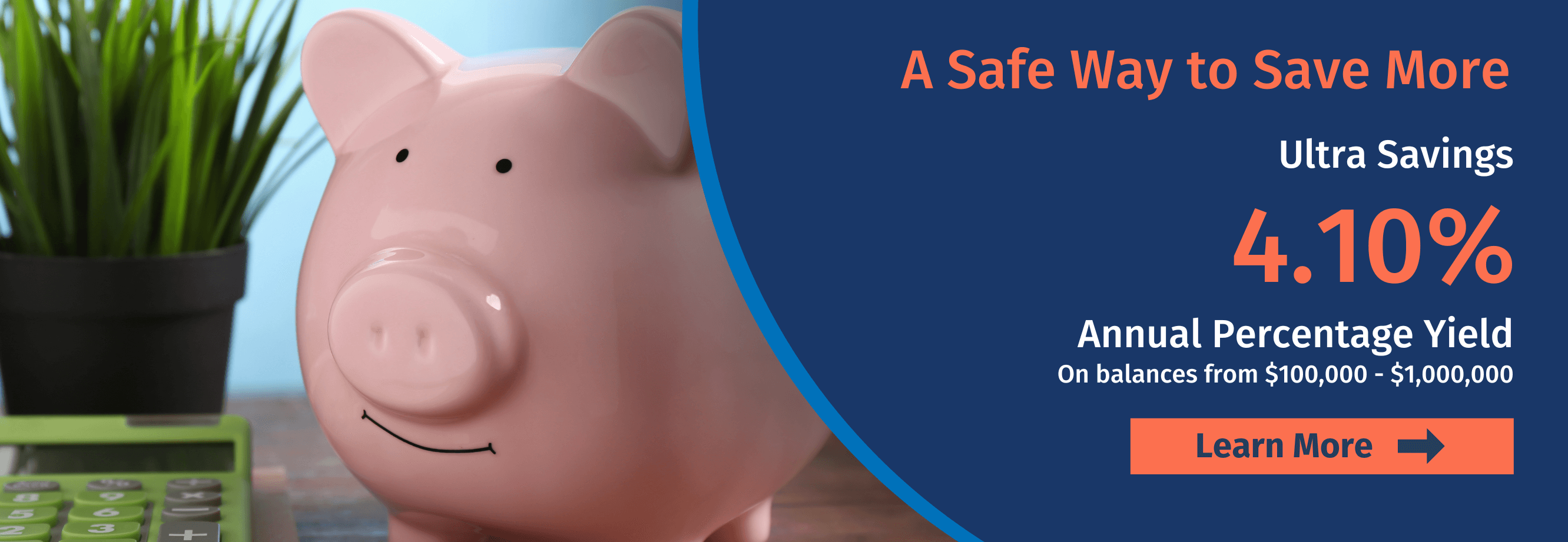 Image of text describing Ultra Savings at 4.10% APY and photo of piggy bank