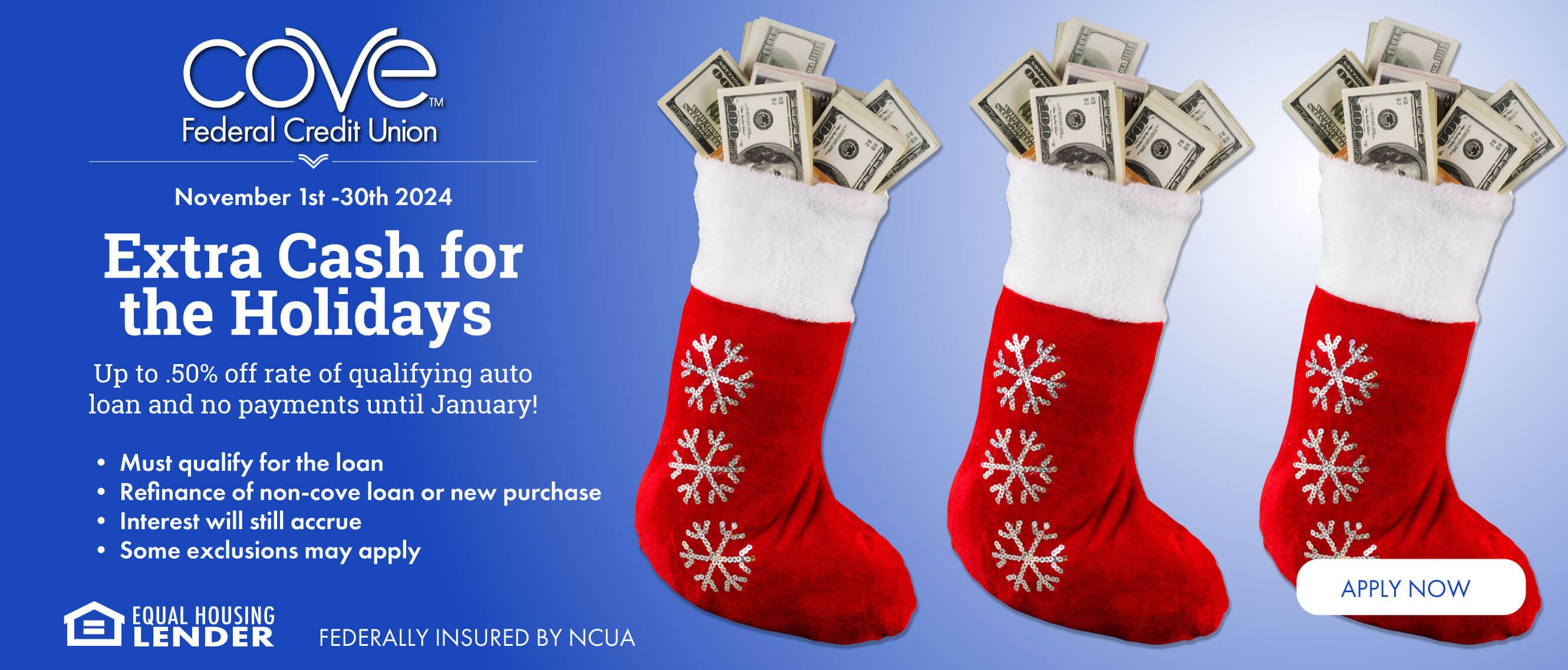 Extra Cash for the Holidays Up to .50% off rate of qualifying auto loan and no payments until January!