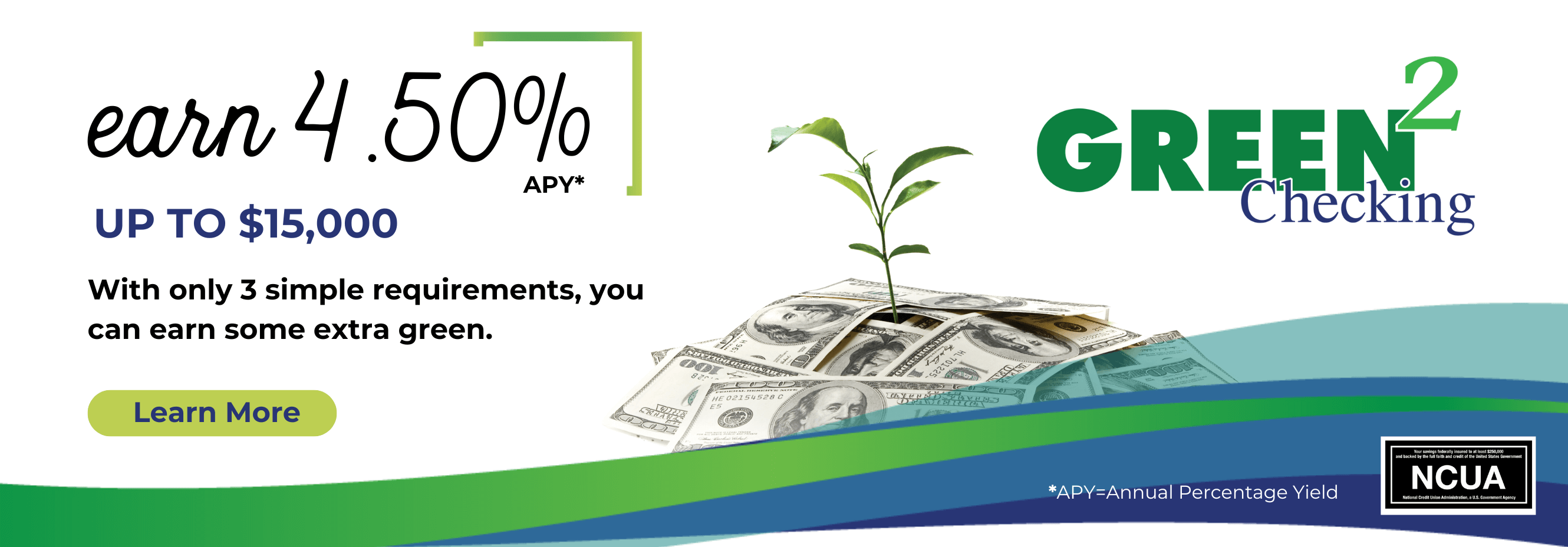 Earn 4.50% APY for up to $15,000 with only 3 simple requirements, you can earn some extra green. Learn more.