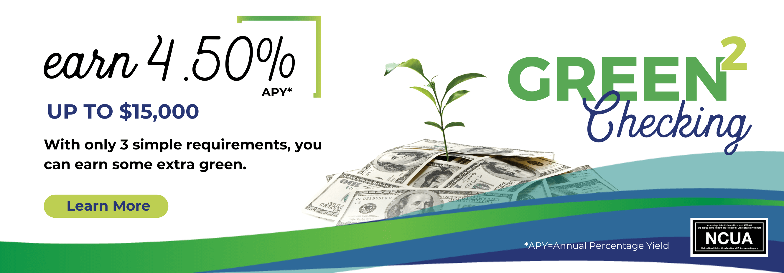 Earn 4.50% APY for up to $15,000 with only 3 simple requirements, you can earn some extra green. Learn more.