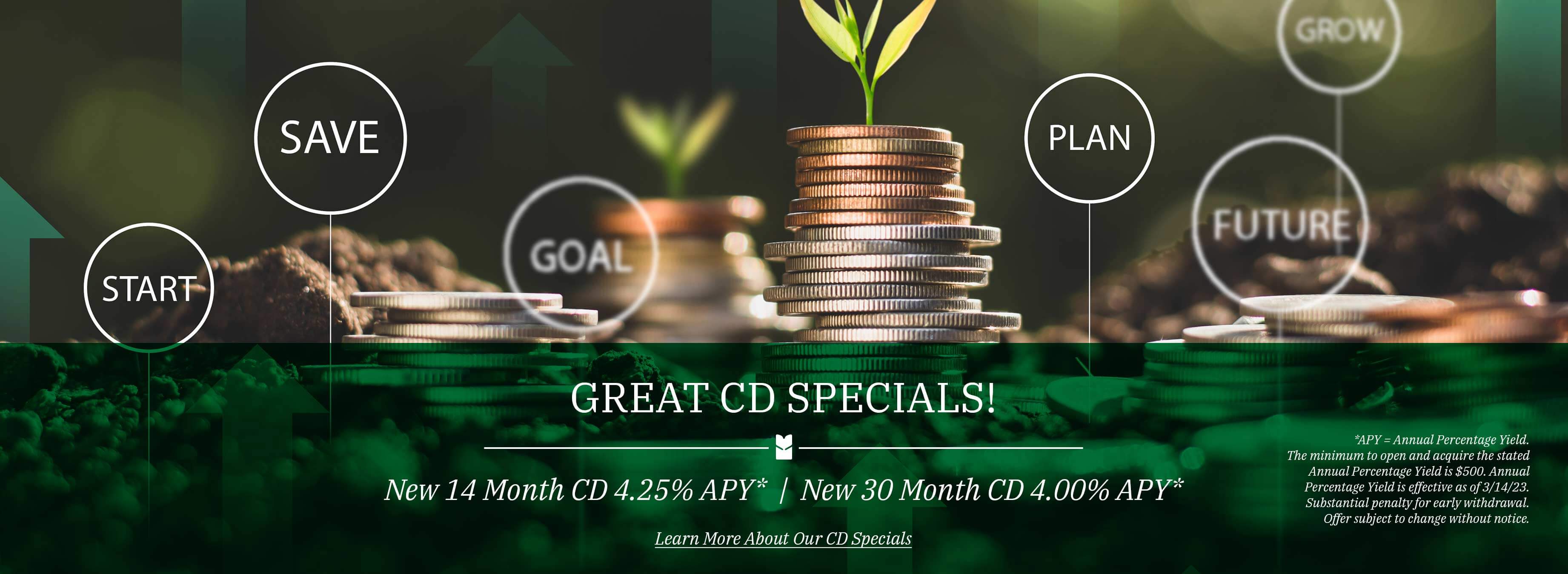 Great CD Specials! New 14 Month CD 4.25% APY. New 30 Month CD 4.00% APY. Learn more about our CD specials. *APY = Annual Percentage Yield. The minimum to open and acquire the stated Annual Percentage Yield is $500. Annual Percentage Yield is effective as of 3/14/23. Substantial penalty for early withdrawal. Offer subject to change without notice.