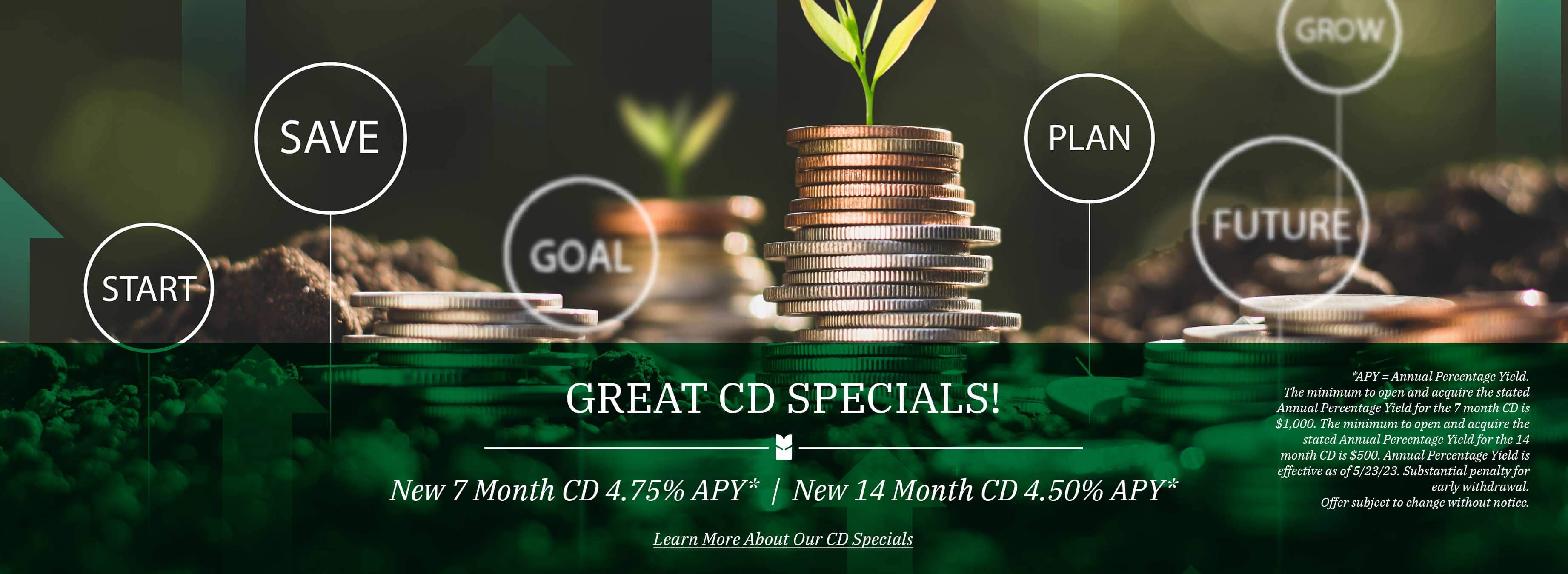 Great CD Specials! New 7 Month CD 4.75% APY. New 14 Month CD 4.50% APY. Learn more about our CD specials. *APY = Annual Percentage Yield. The minimum to open and acquire the stated Annual Percentage Yield for the 7 month CD is $1,000. The minimum to open and acquire the stated Annual Percentage Yield for the 14 month CD is $500. Annual Percentage Yield is effective as of 5/23/23. Substantial penalty for early withdrawal. Offer subject to change without notice.