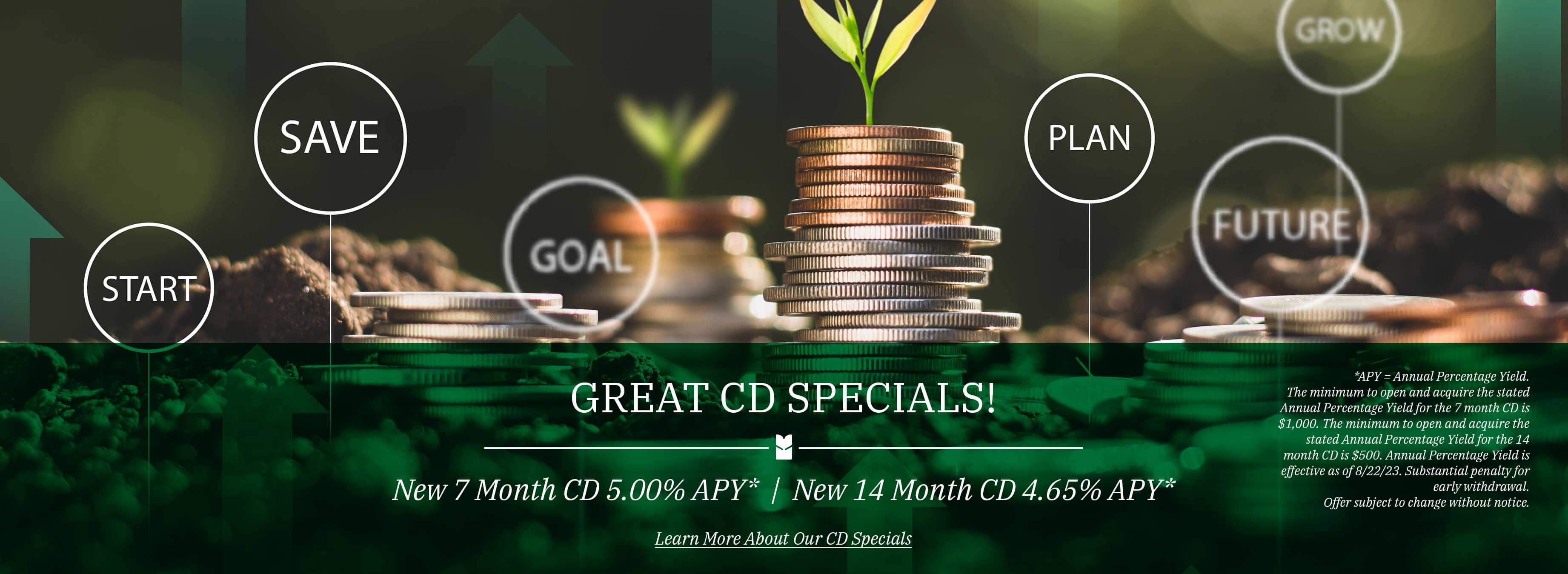 Great CD Specials! New 7 Month CD 5.00% APY. New 14 Month CD 4.65% APY. Learn more about our CD specials. *APY = Annual Percentage Yield. The minimum to open and acquire the stated Annual Percentage Yield for the 7 month CD is $1,000. The minimum to open and acquire the stated Annual Percentage Yield for the 14 month CD is $500. Annual Percentage Yield is effective as of 8/22/23. Substantial penalty for early withdrawal. Offer subject to change without notice.