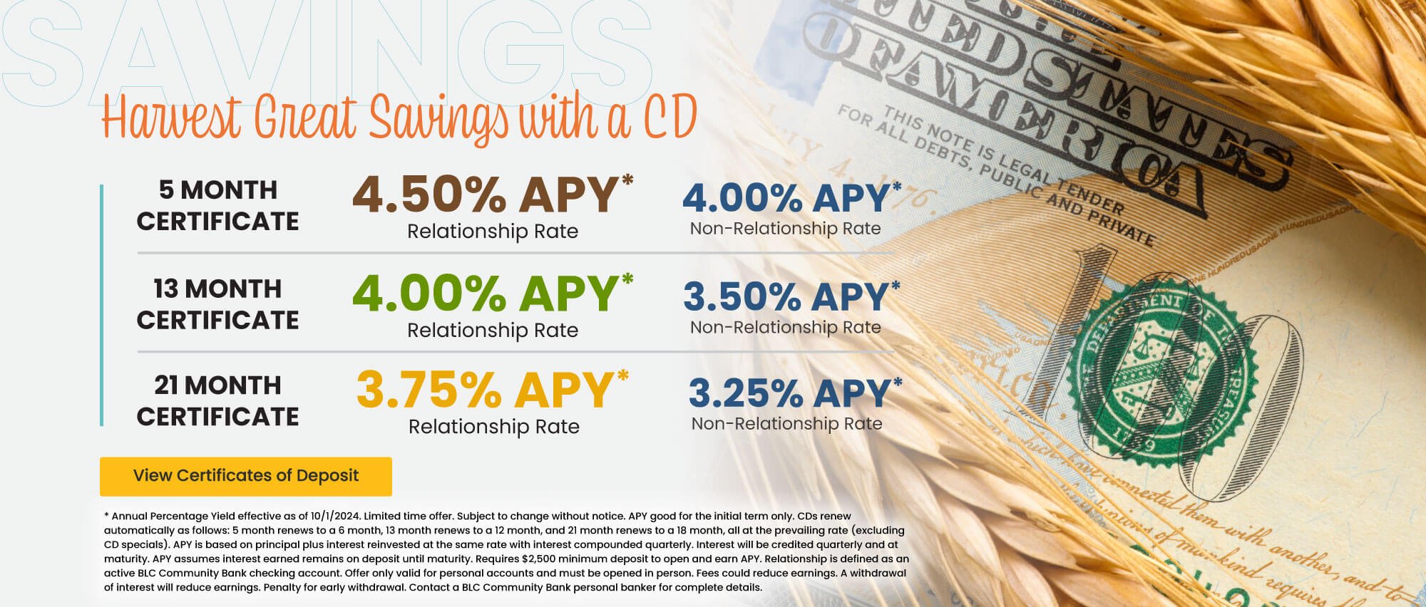 5 month CD (IRA) 4.50% APY* relationship rate 4.00% apy* non-relationship rate.  Click here to view certificates of deposit for details.