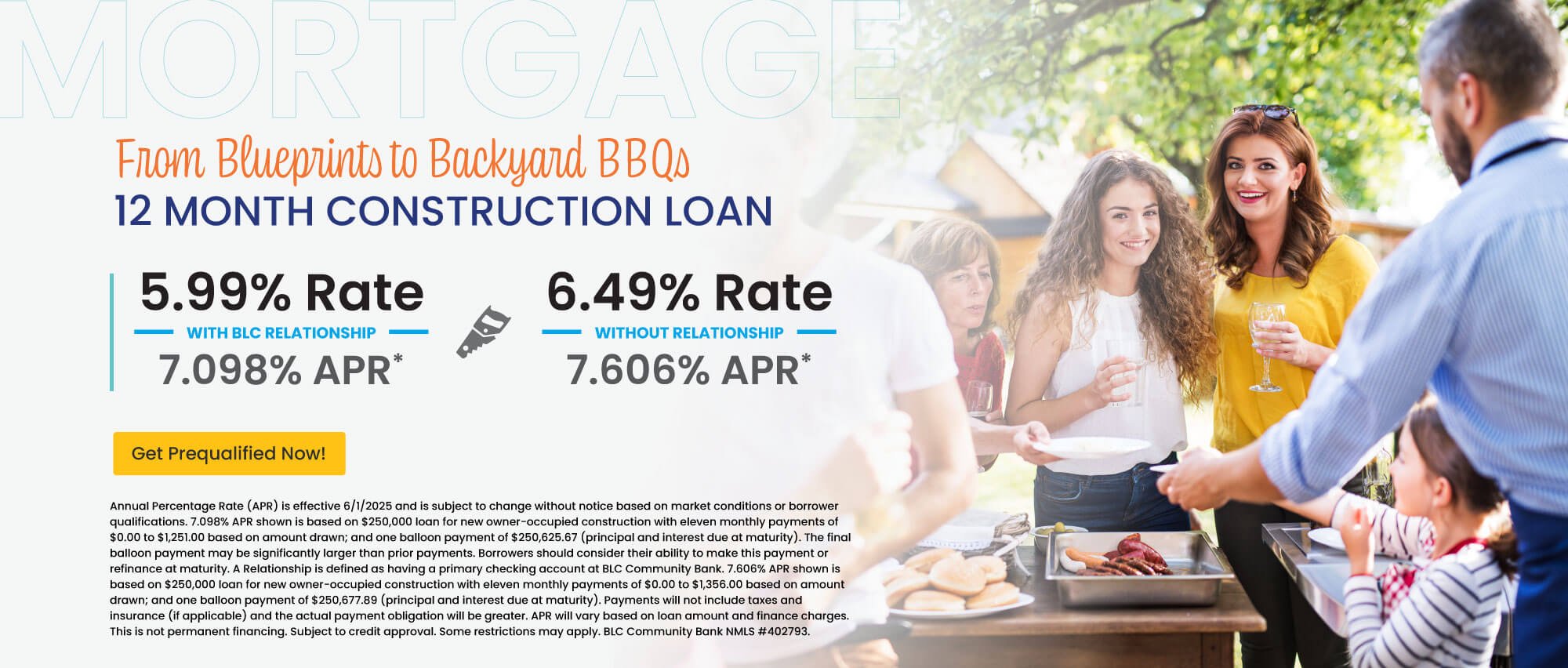 12 month construction loan. 5.99% Rate | 7.098% APR with BLC relationship. 6.49% Rate | 7.606% APR without relationship. Get prequalified now!