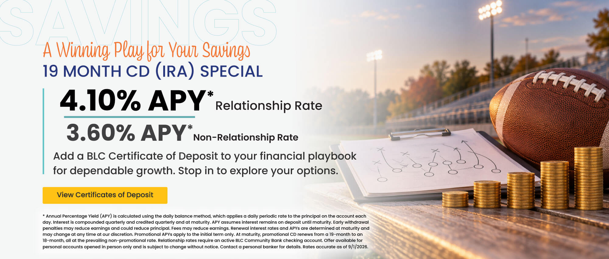 19 month CD (IRA) 4.10% APY* relationship rate 3.60% APY* non-relationship rate.  Click here to view certificates of deposit for details.