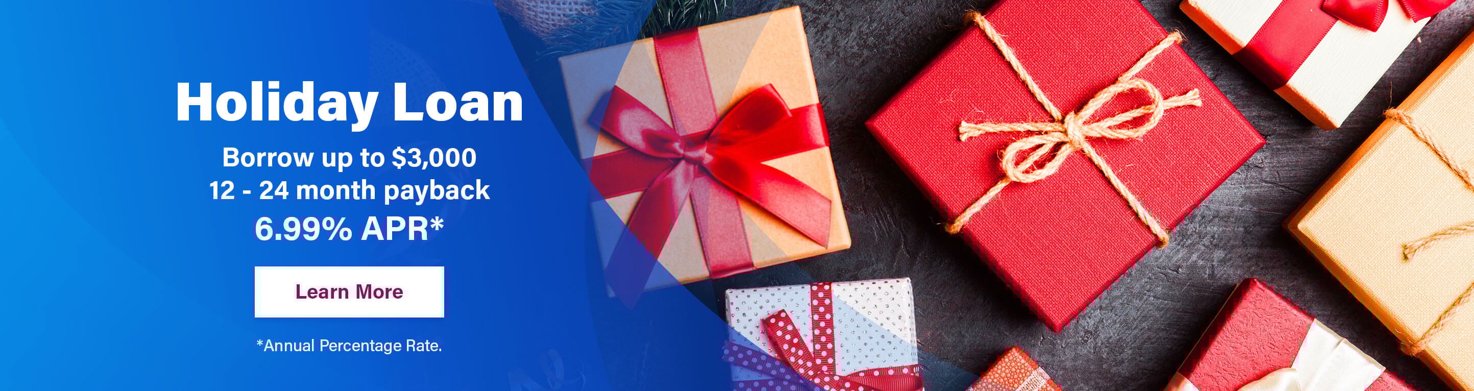 Holiday Loan Borrow up to $3,000 12 - 24 month payback 6.99% APR* Learn More